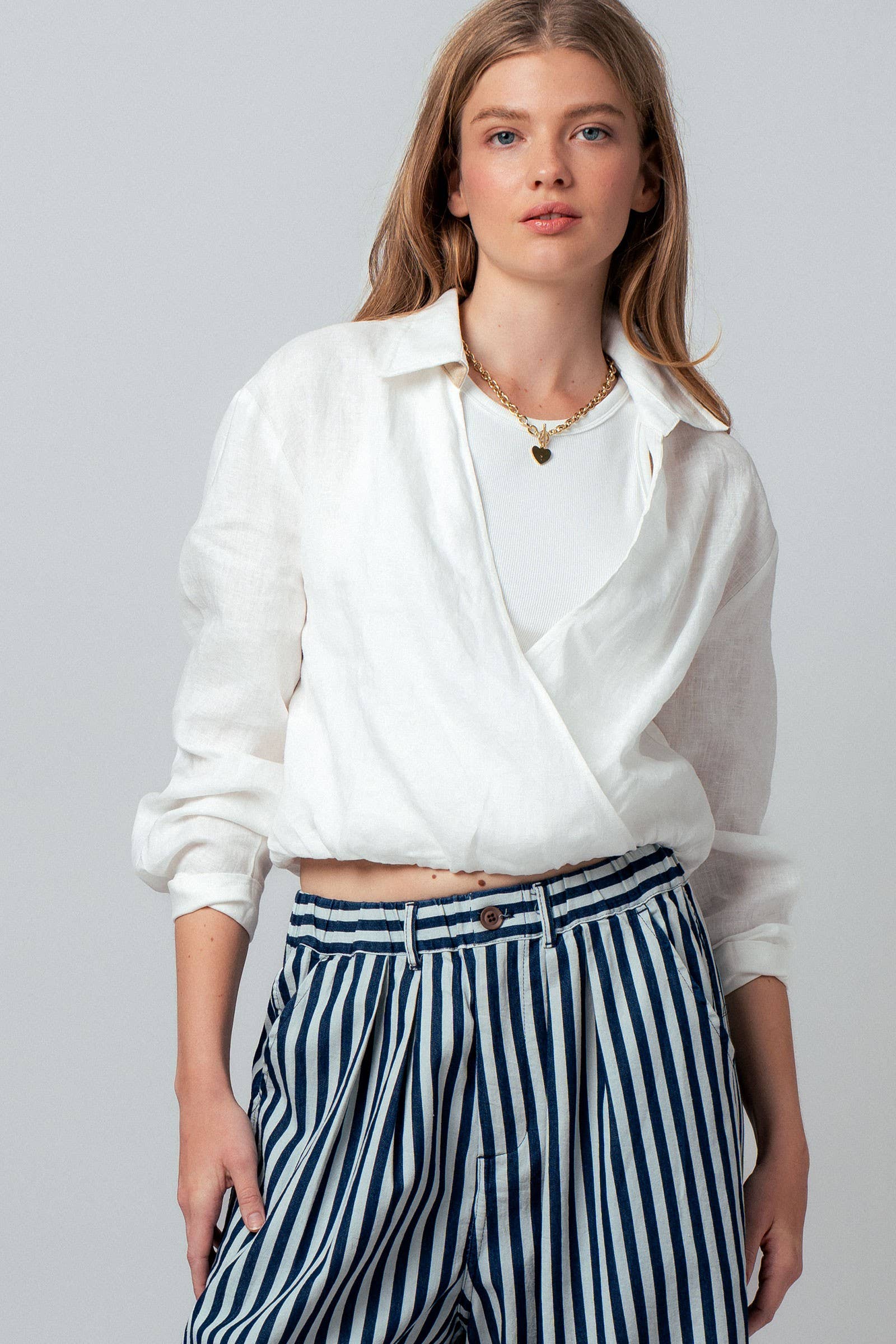 Collared Linen Wrap Crop Top
