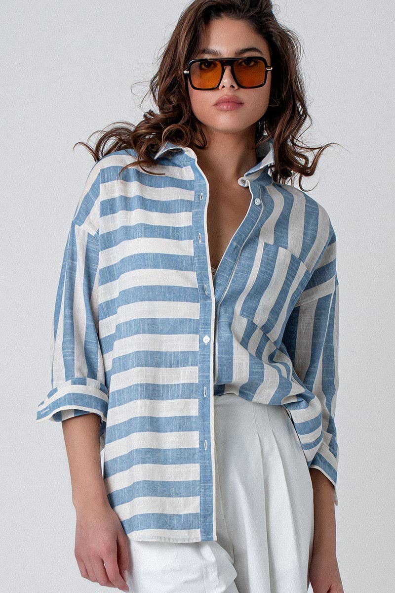 Urban Daizy Mixed Stripe Pattern Oversized Button Down Shirt Taupe Button Down Shirt - Women's (UDZ-TP-00049) – alternate…