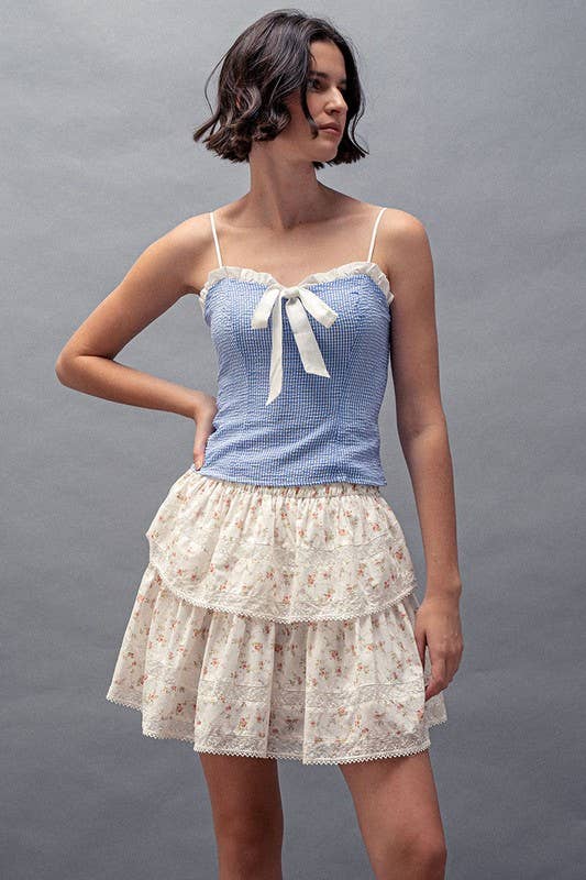 Urban Daizy Vintage Pink Rose Print Lace Trim Double Tiered Mini Skirt Ivory Skirt - Women's (UDZ-AC-00158) – alternate view 7