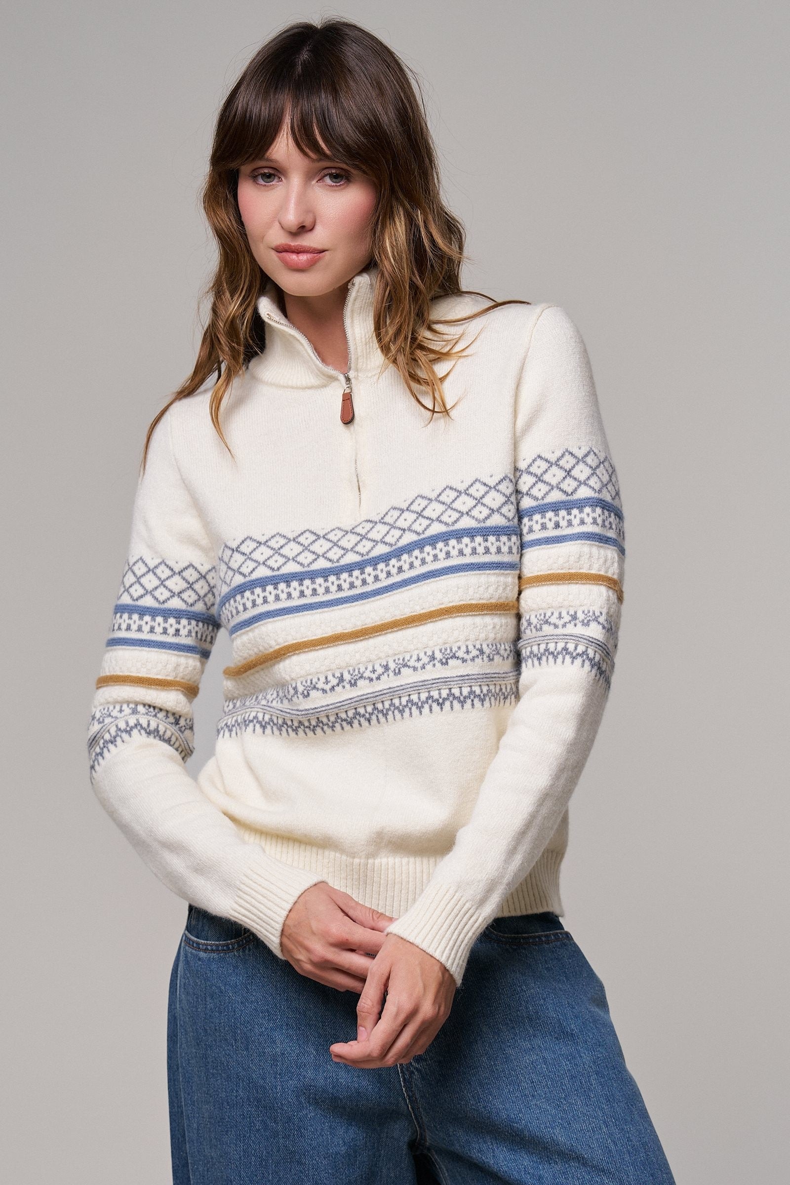 Fair Isle Quarter Zip Sweater Wool Blend with Leather Pull T in IVORY - Women's Cardigans & Shrugs | Urban Daizy