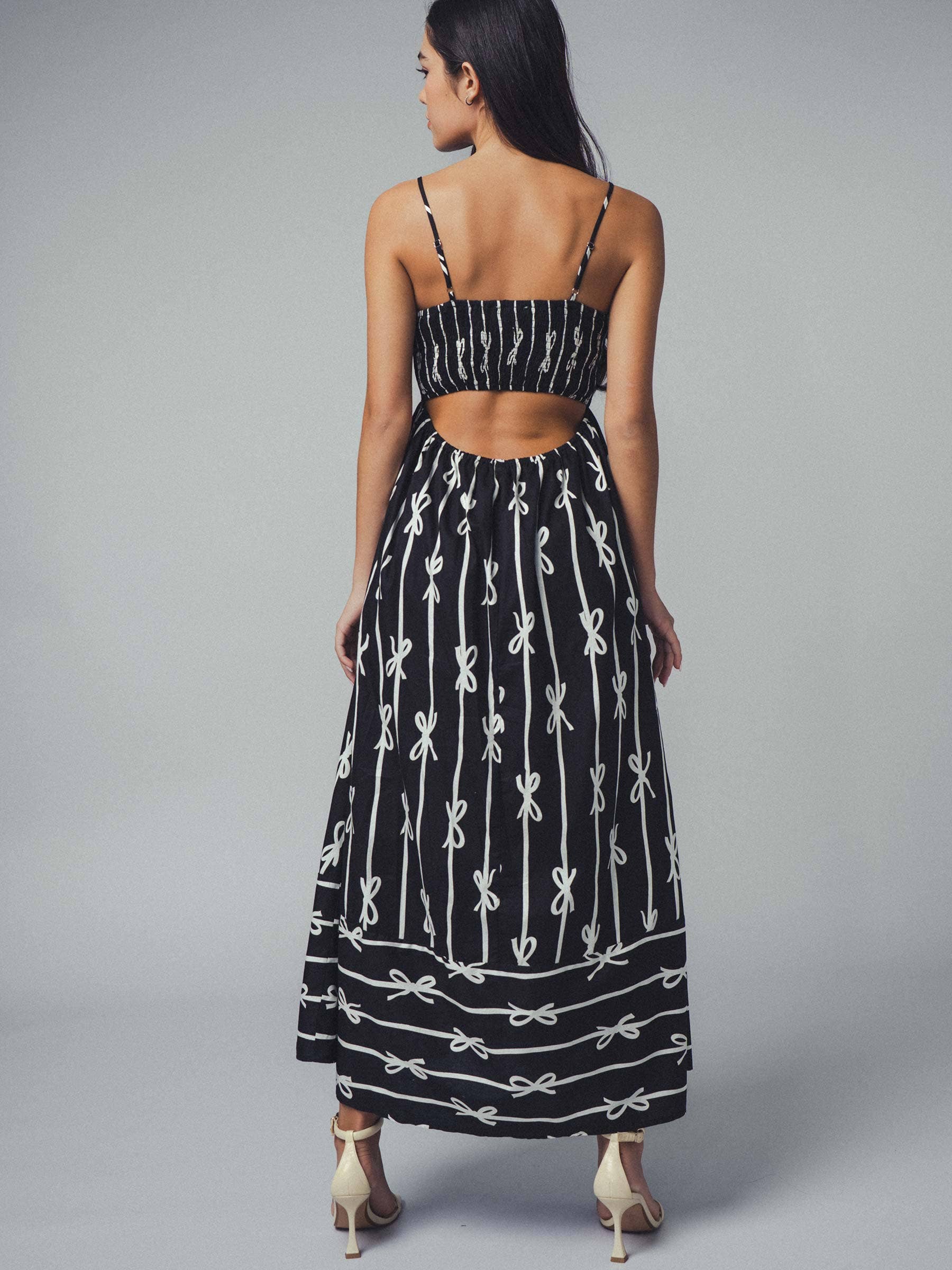 Sweet Ribbon Stripe Bow Print Smocked Back Maxi Dress