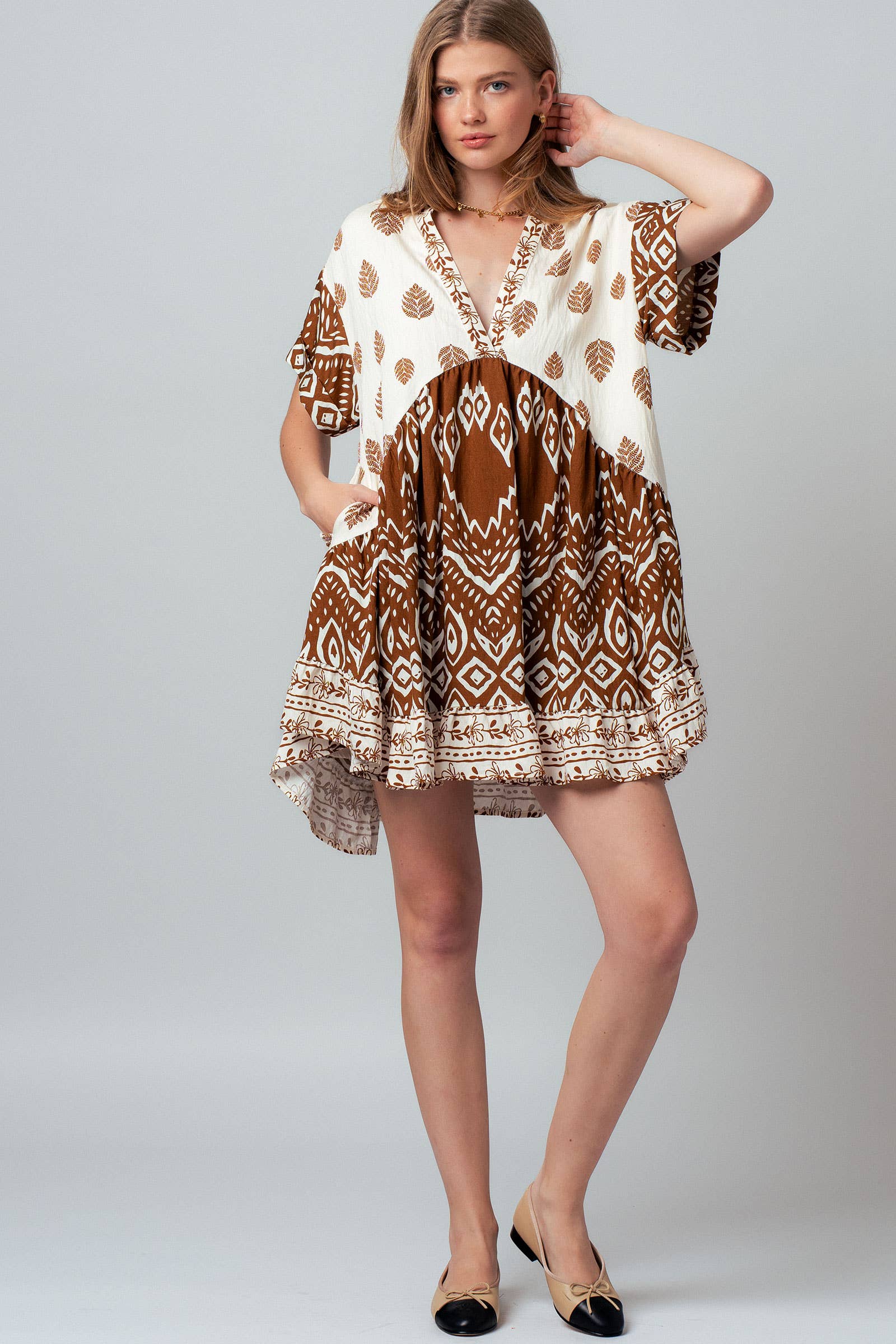 Urban Daizy Mixed-Print V-Neck Tiered Boho Mini Dress Ivory-Brown Dress - Women's (UDZ-DR-00476) – alternate view 15