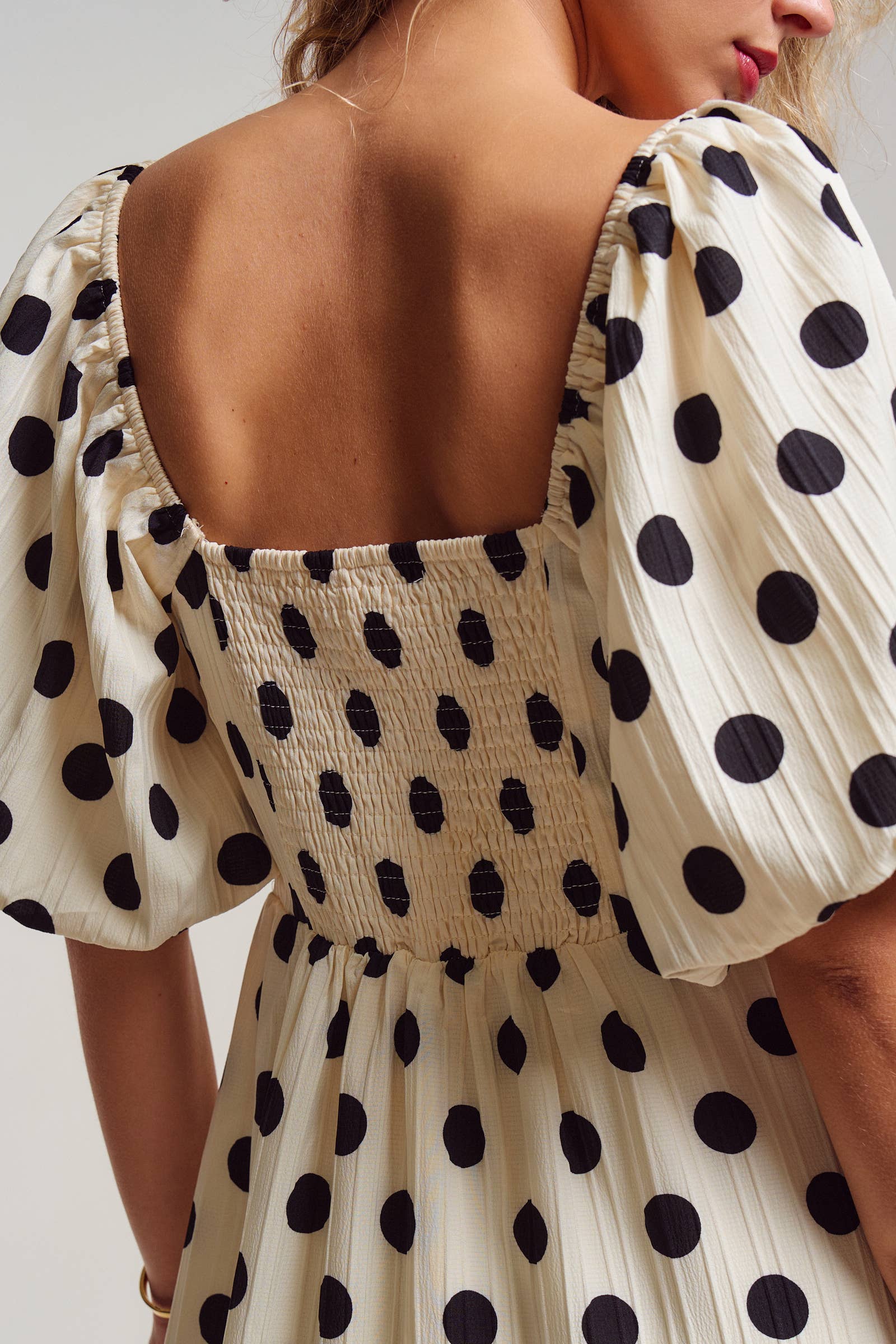 Urban Daizy Textured Polka Dot Tie-Front Puff Sleeve Maxi Dress Ivory Dress - Women's (TNDR1408-Ivory) – alternate view 11