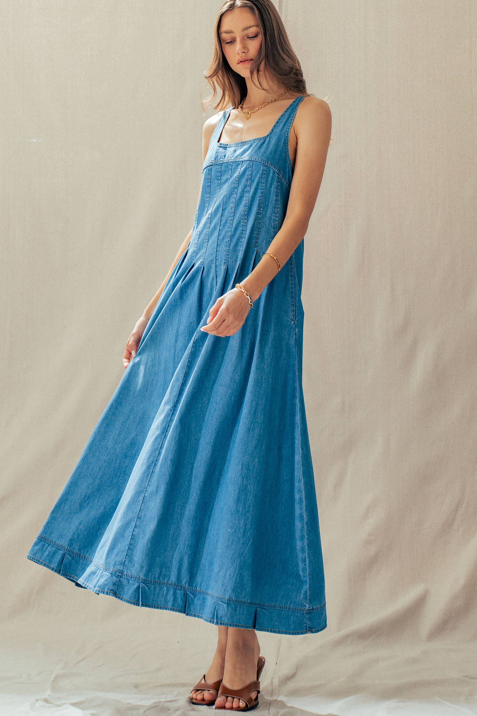 Smocked Back Denim Maxi Dress
