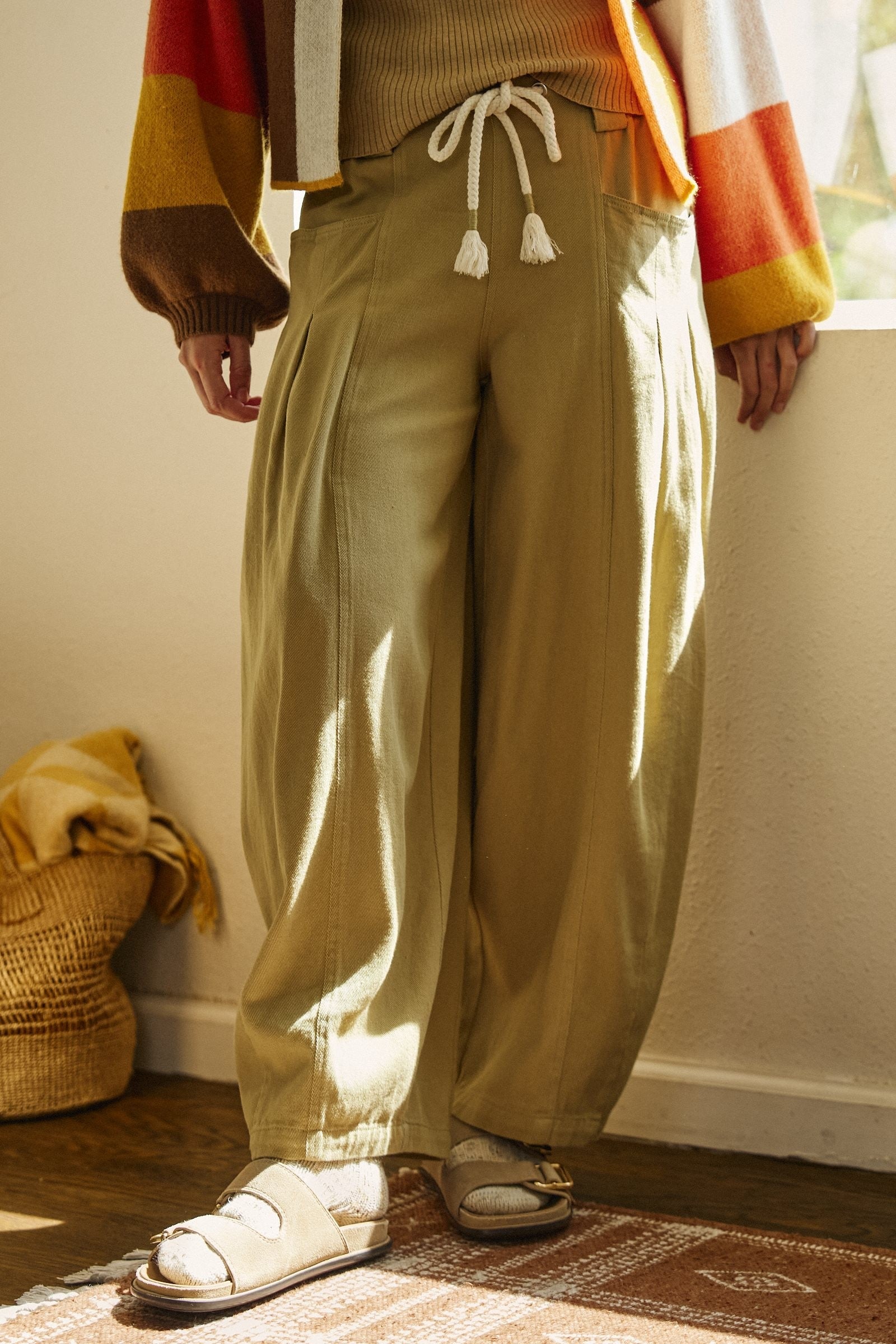 Pleated Wide-Leg Barrel Pant with Drawstring in CAMEL - Women's Casual Pants | Urban Daizy