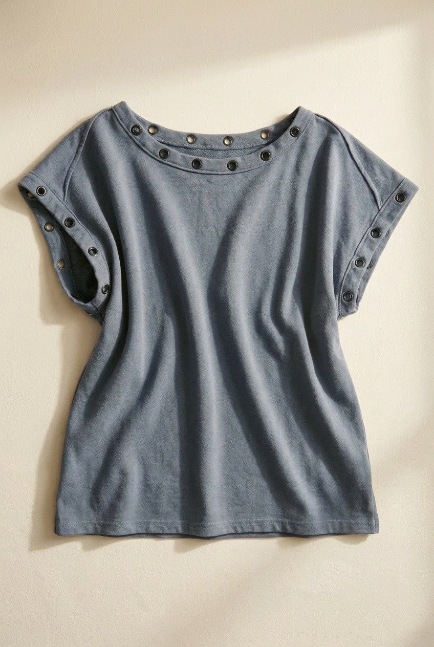 Grommet Trim Washed Cotton Boat Neck Top in VINTAGE NAVY - Women's T-Shirts & Polos | Urban Daizy