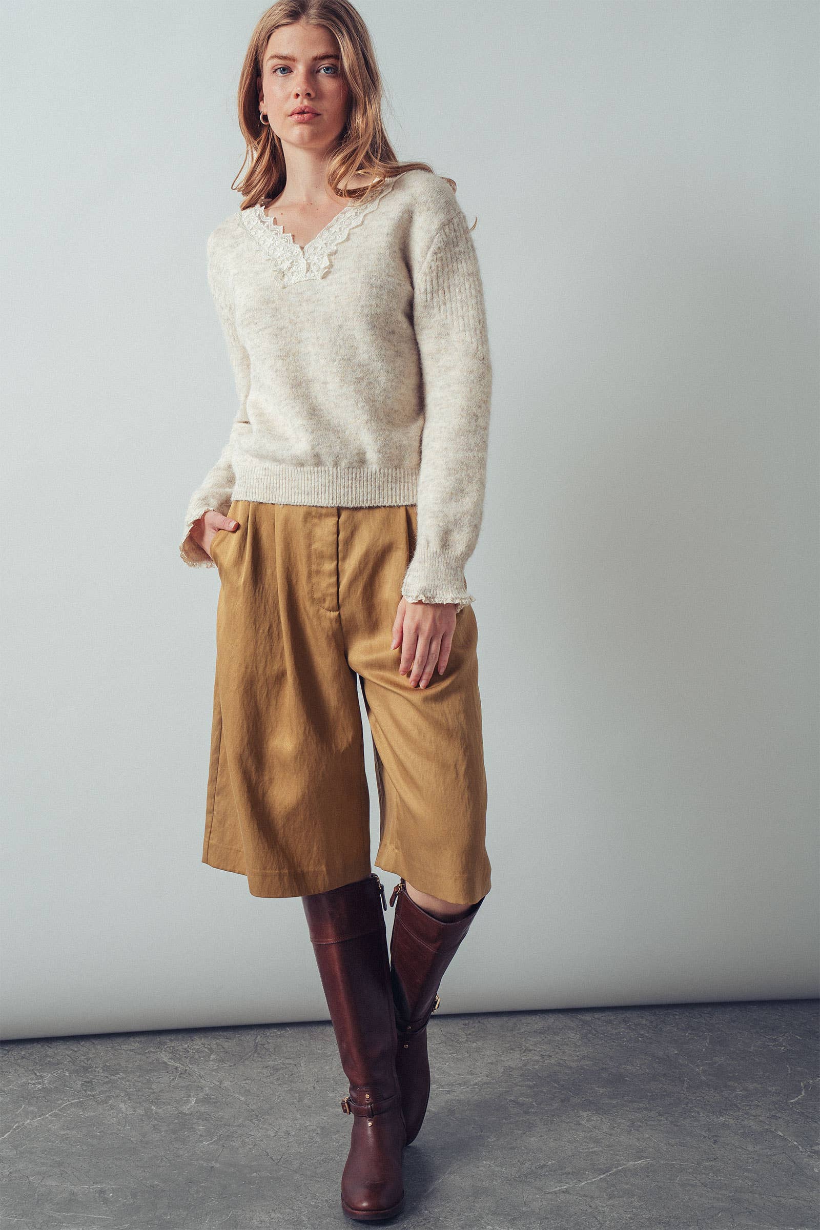 Lace Trim V-Neck Heathered Knit Sweater