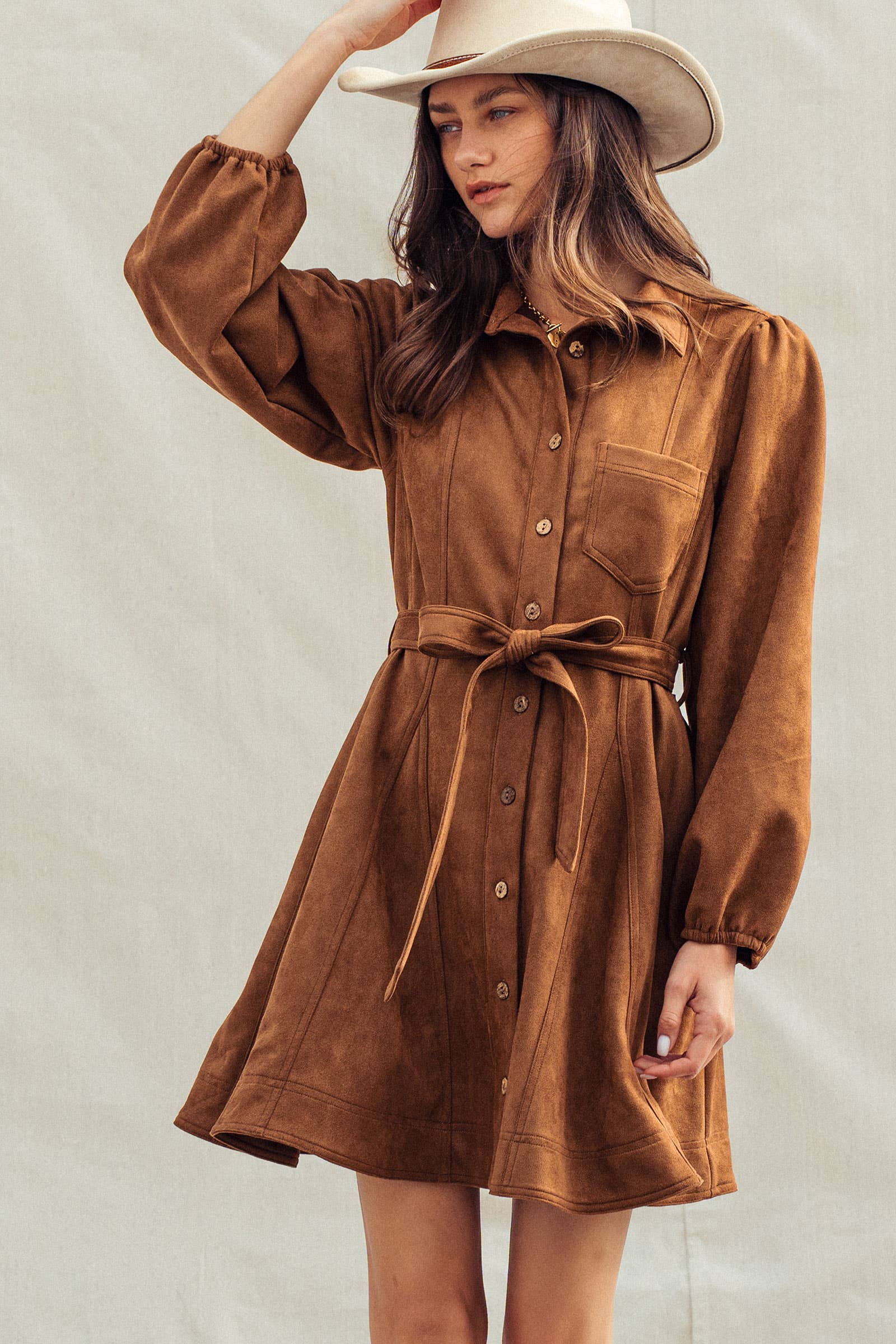 Western Suede Shirt Mini Dress–Belted Waist, Puff Sleeves