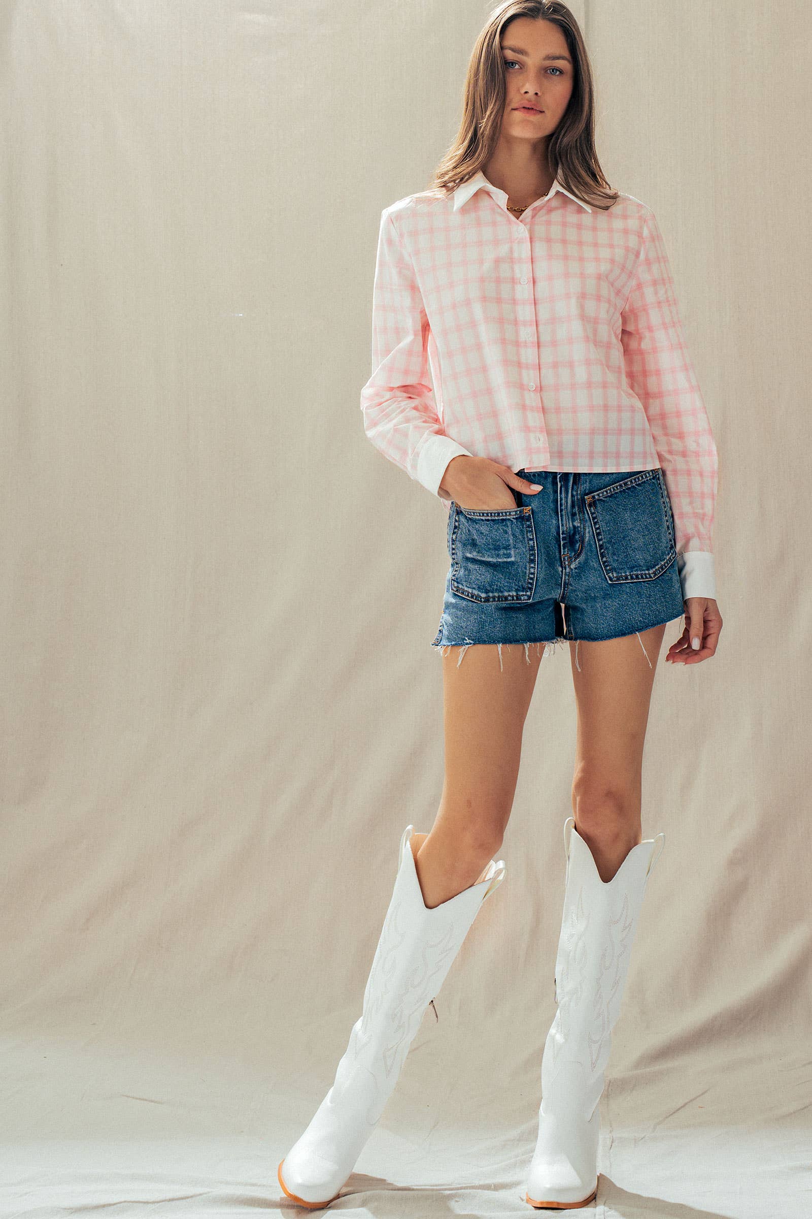 Contrast Collar Plaid Button Front Shirt