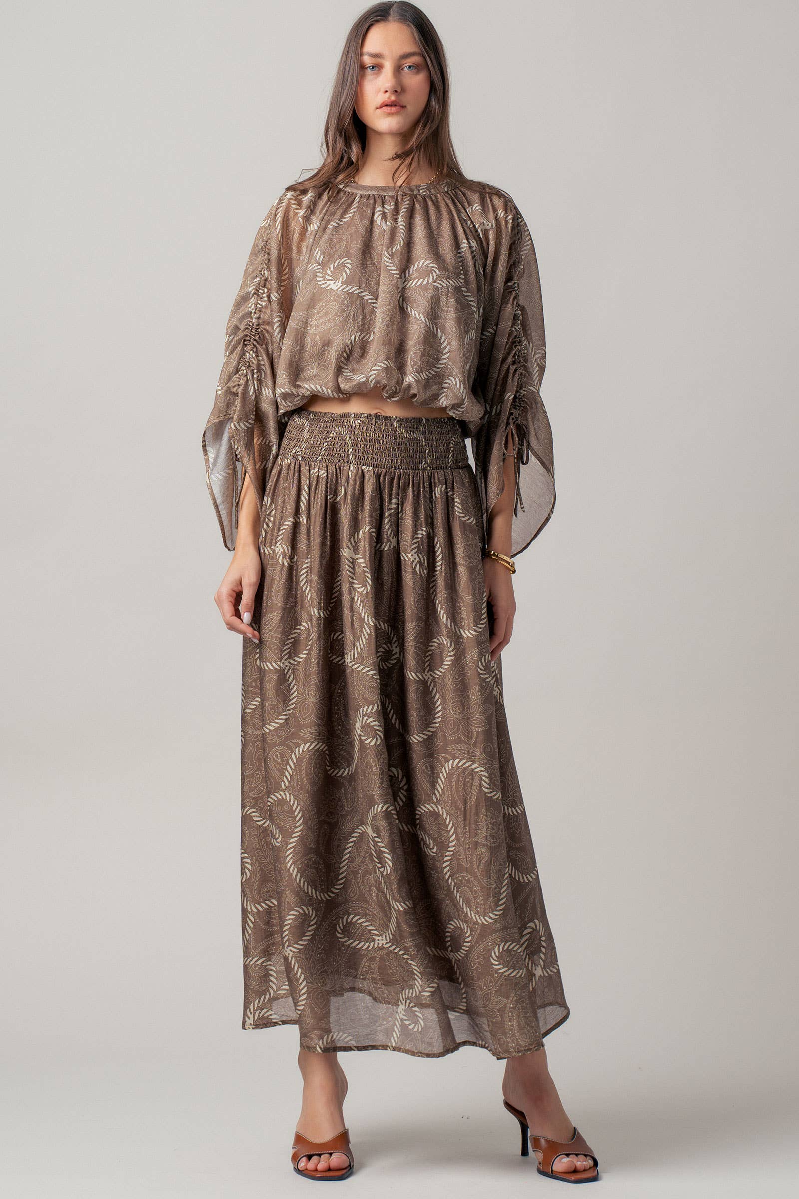 Rope Print Ruched Sleeve Blouse Linen Silk Blend