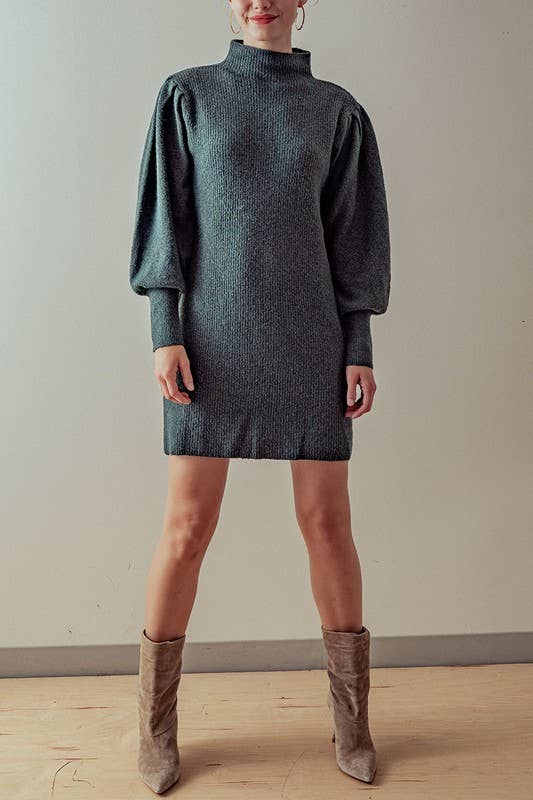 Urban Daizy Balloon Sleeve Mock Neck Sweater Dress Charcoal Dress - Women's (UDZ-DR-00096) – alternate view 7