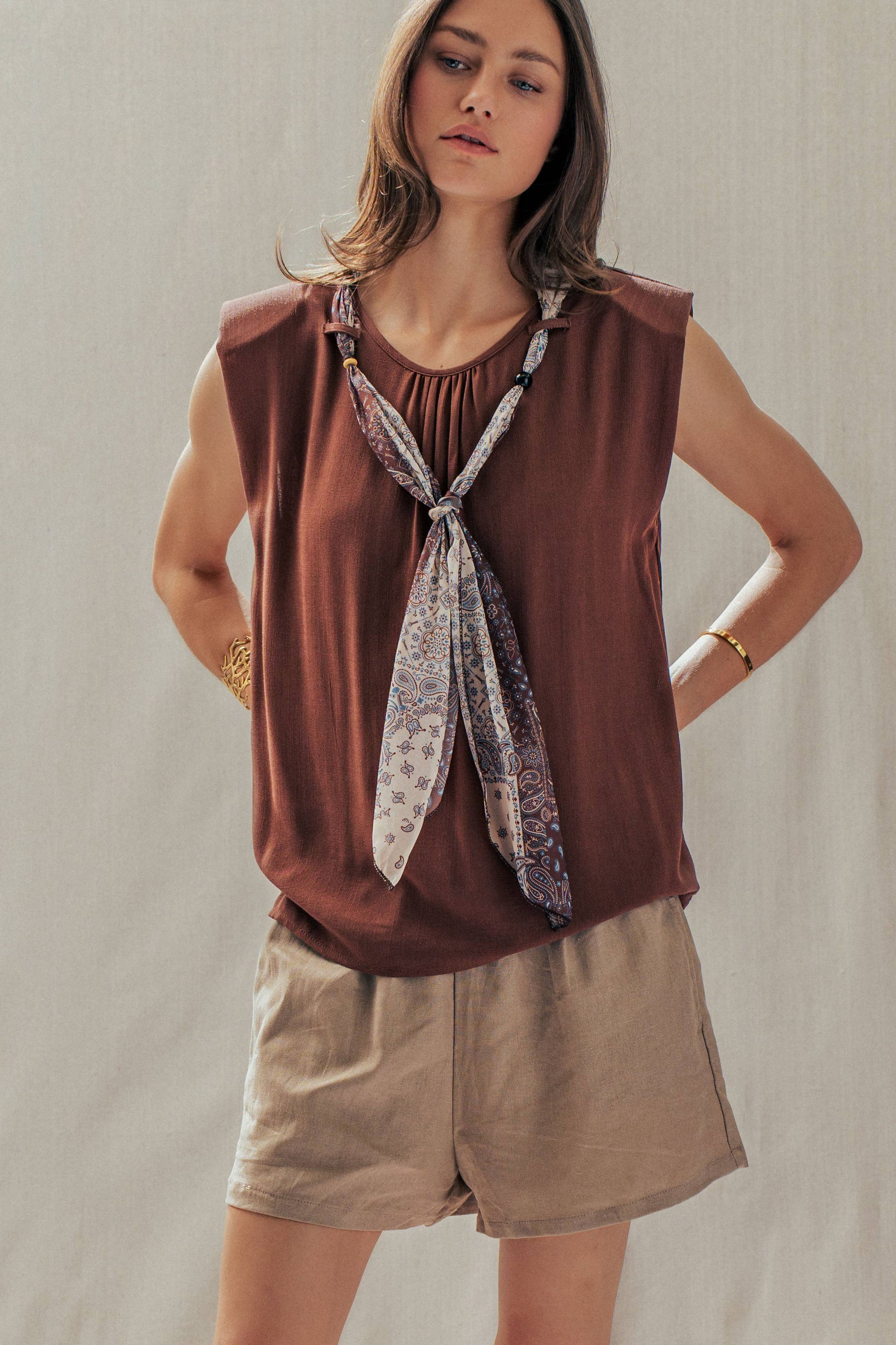 Paisley Scarf Tie Linen Blend Muscle Top