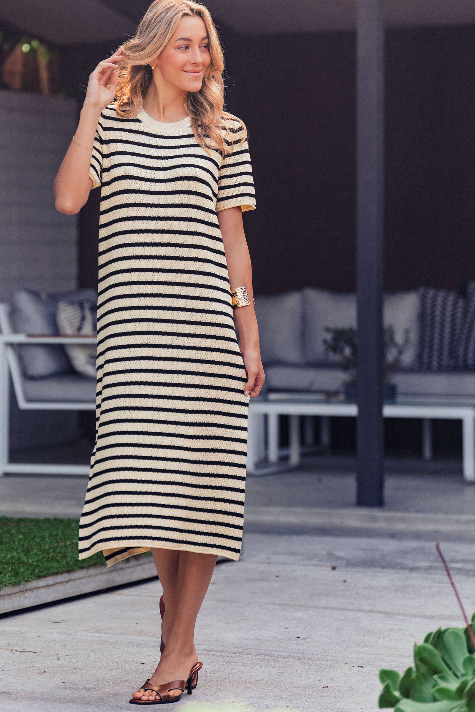 Striped Crochet Knit Short Sleeve Midi Dress