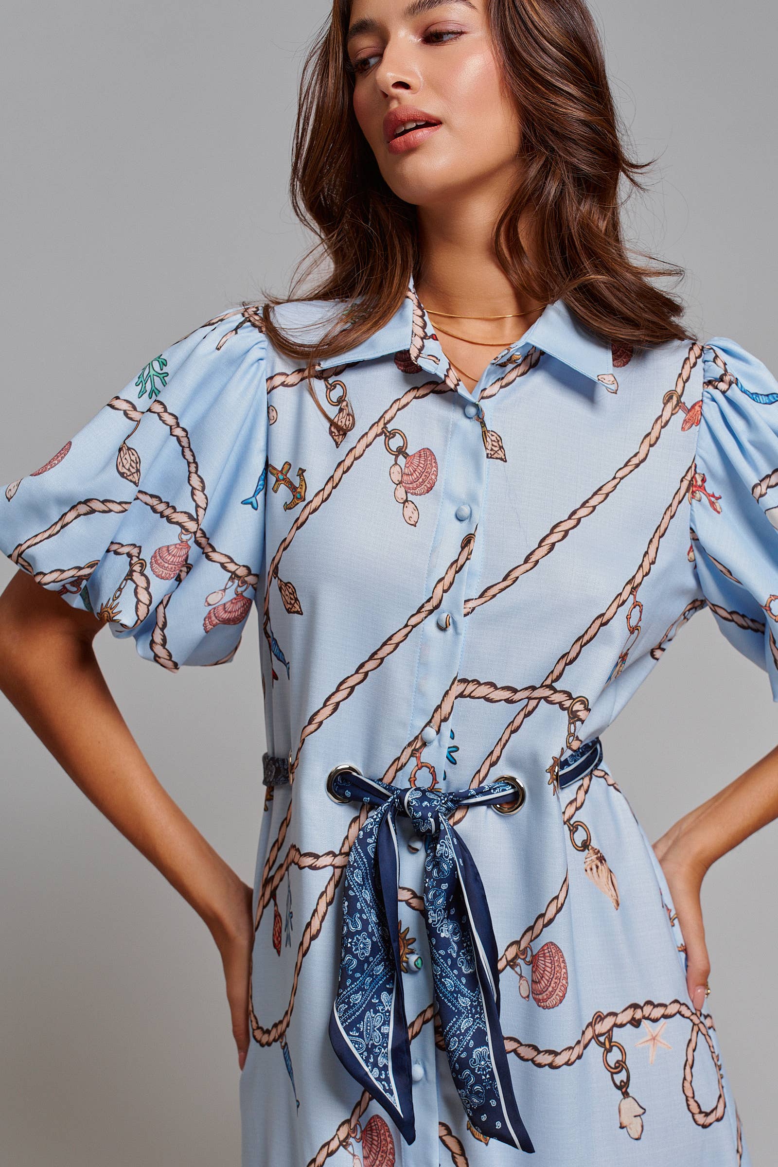 Nautical Motif Puff Sleeve Shirt Dress