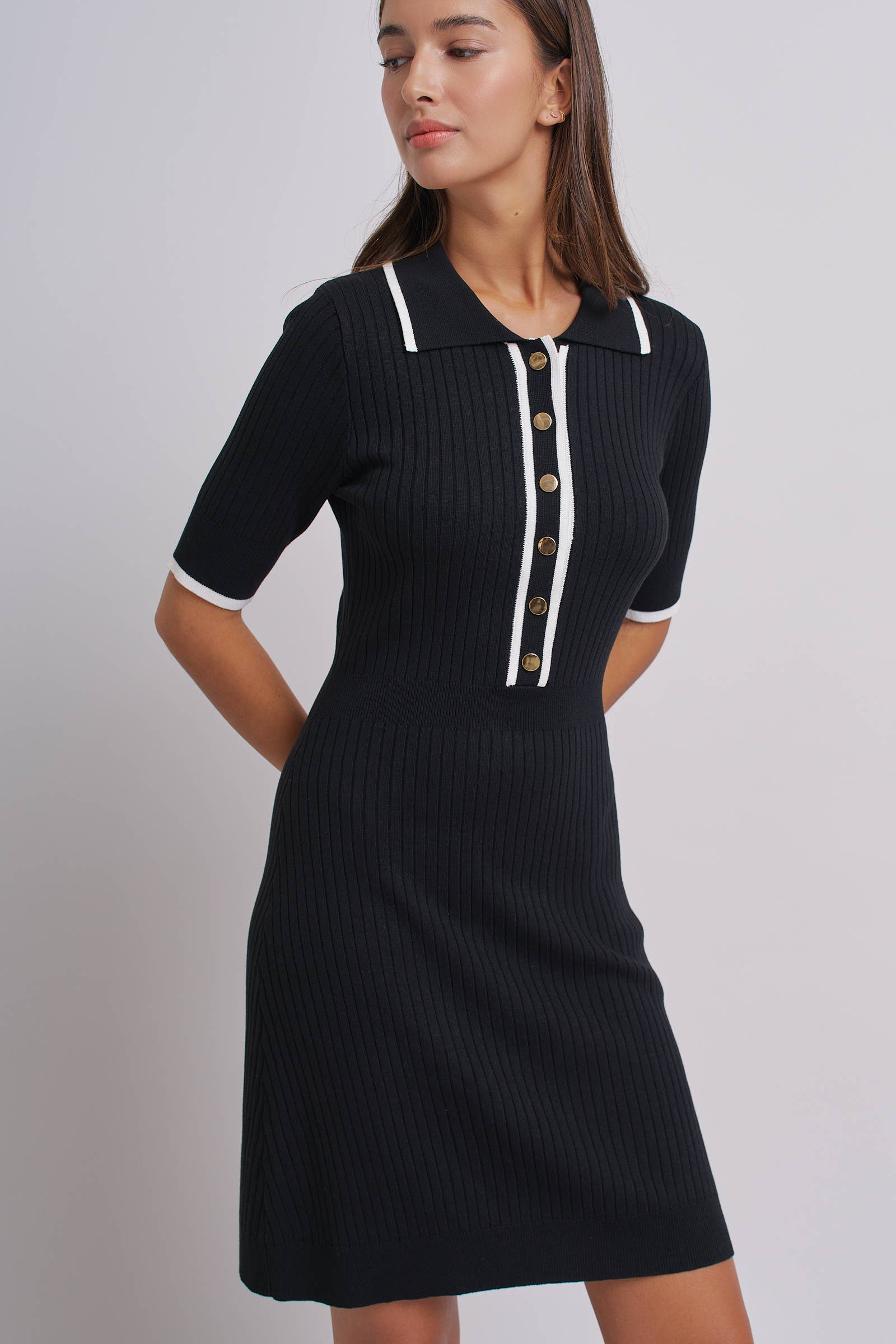 Contrast Trim Ribbed Knit Polo Mini Dress