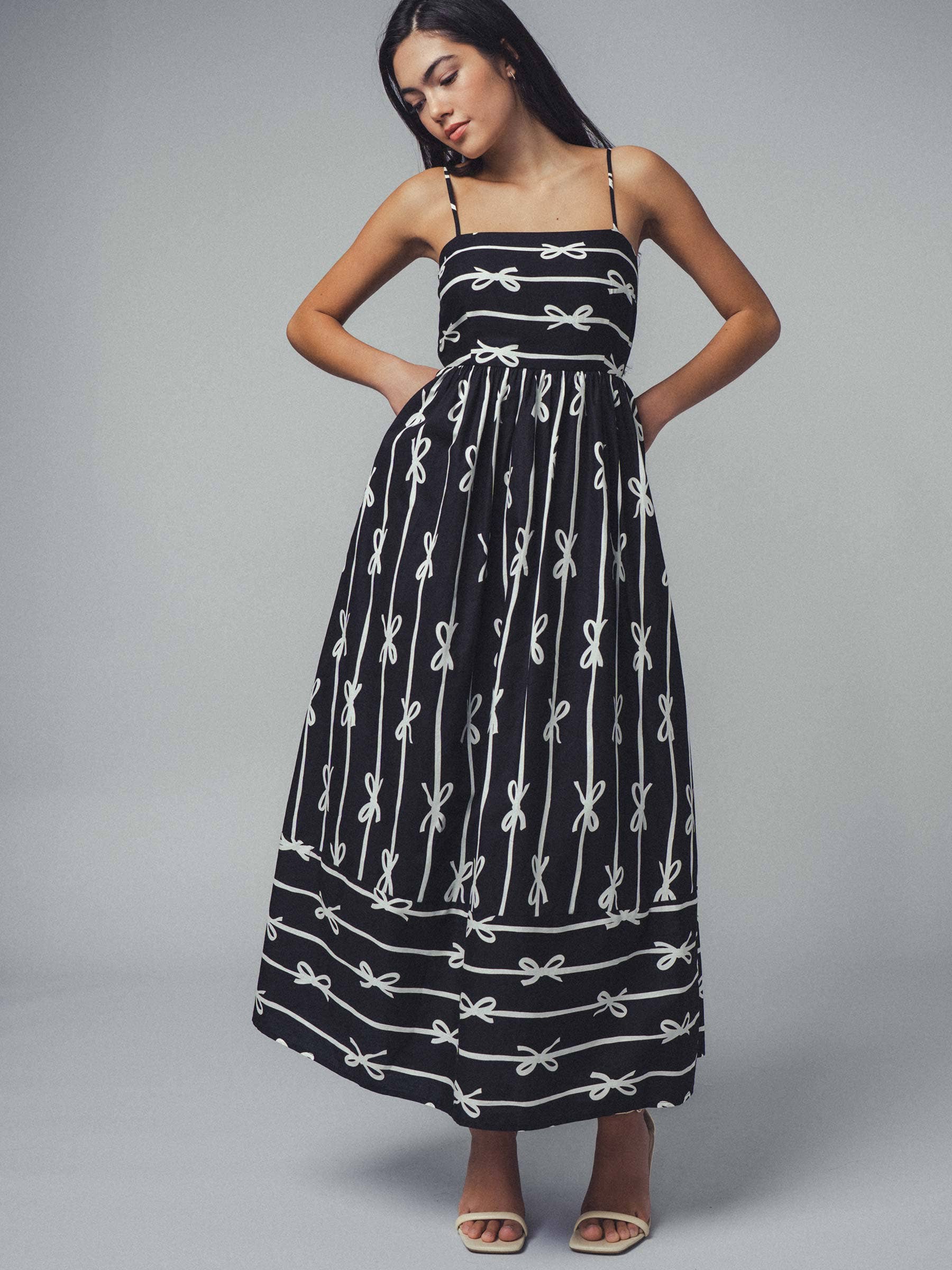 Sweet Ribbon Stripe Bow Print Smocked Back Maxi Dress