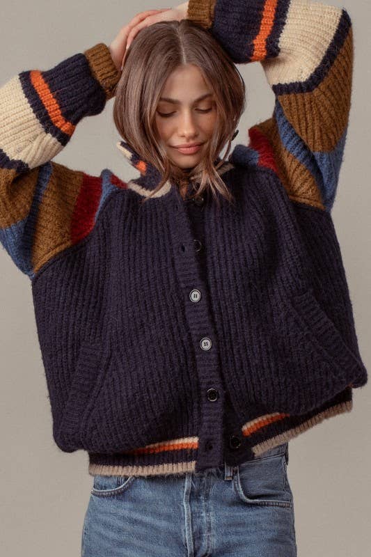 Urban Daizy Chunky Rib-Knit Faux Fur Lined Cardigan Navy Cardigan - Women's (UDZ-KN-00652) – alternate view 8