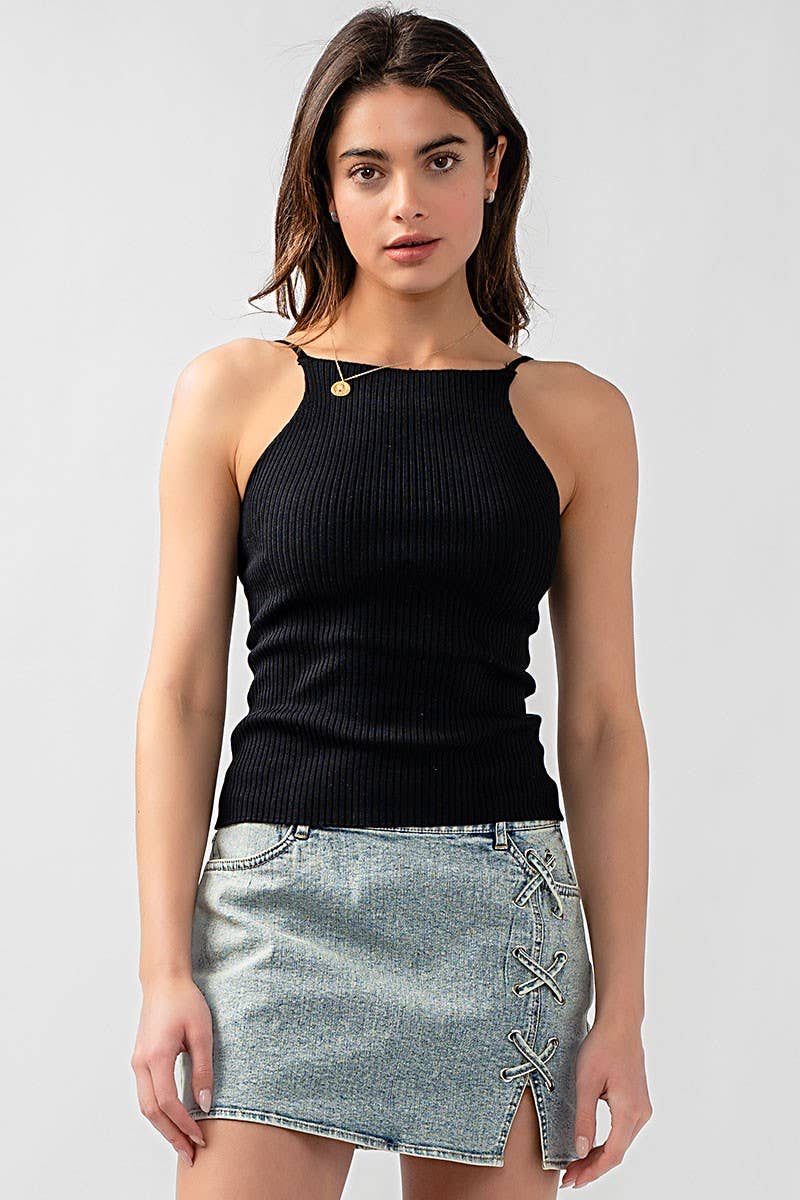 Urban Daizy Ribbed Knit Halter Spaghetti Strap Tank Top Black Tank Top - Women's (UDZ-TP-00490)