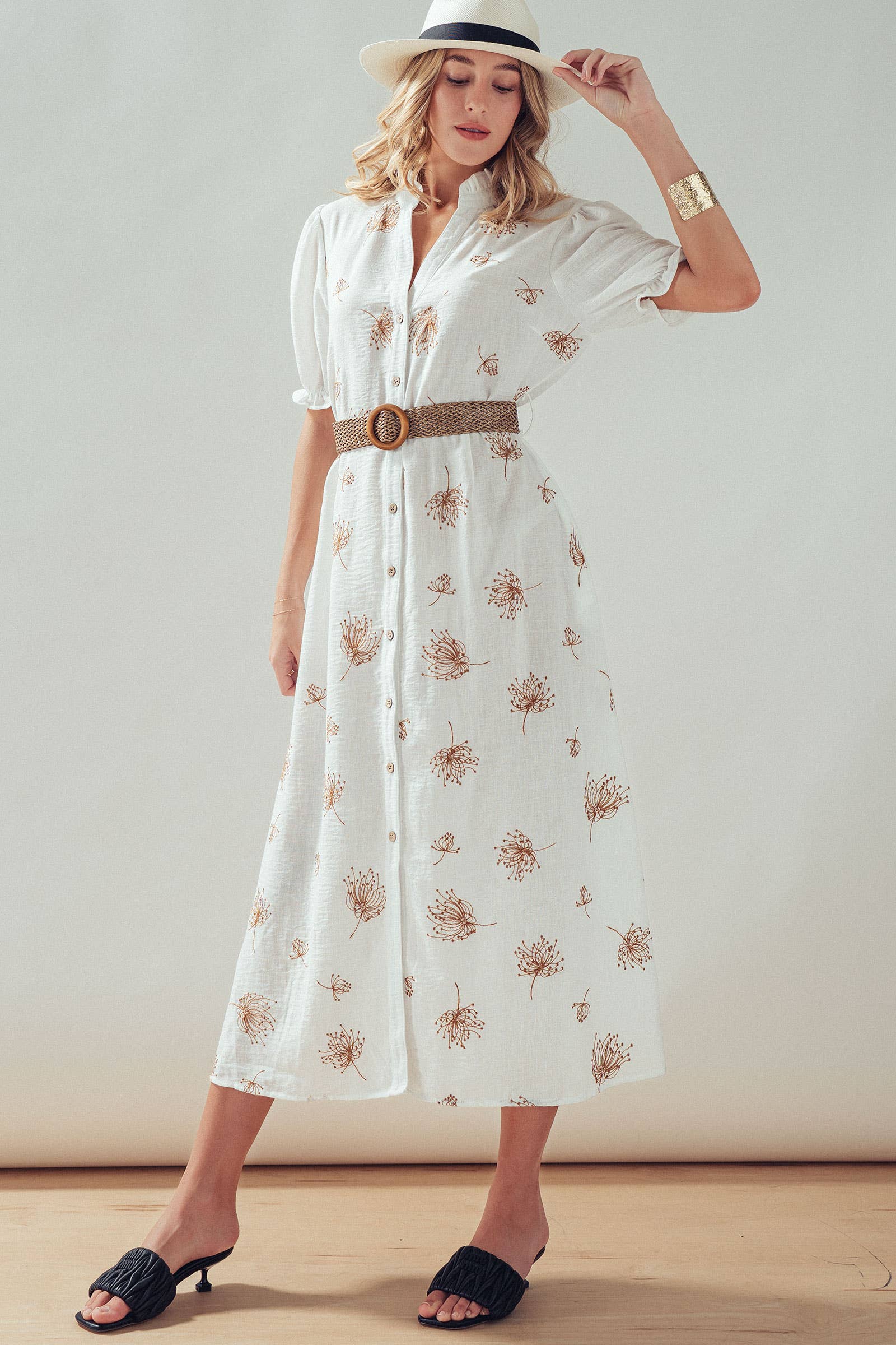 Embroidered Linen Blend Button Front Midi Dress
