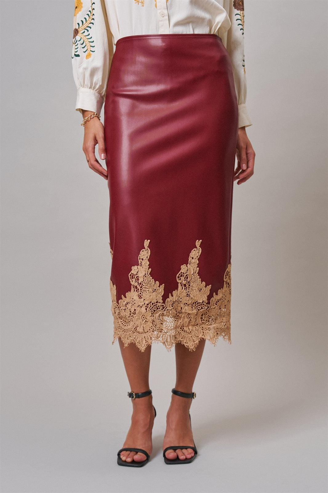 Faux Leather Lace Trim Midi Pencil Skirt in BURGUNDY - Women's Midi Skirts | Urban Daizy