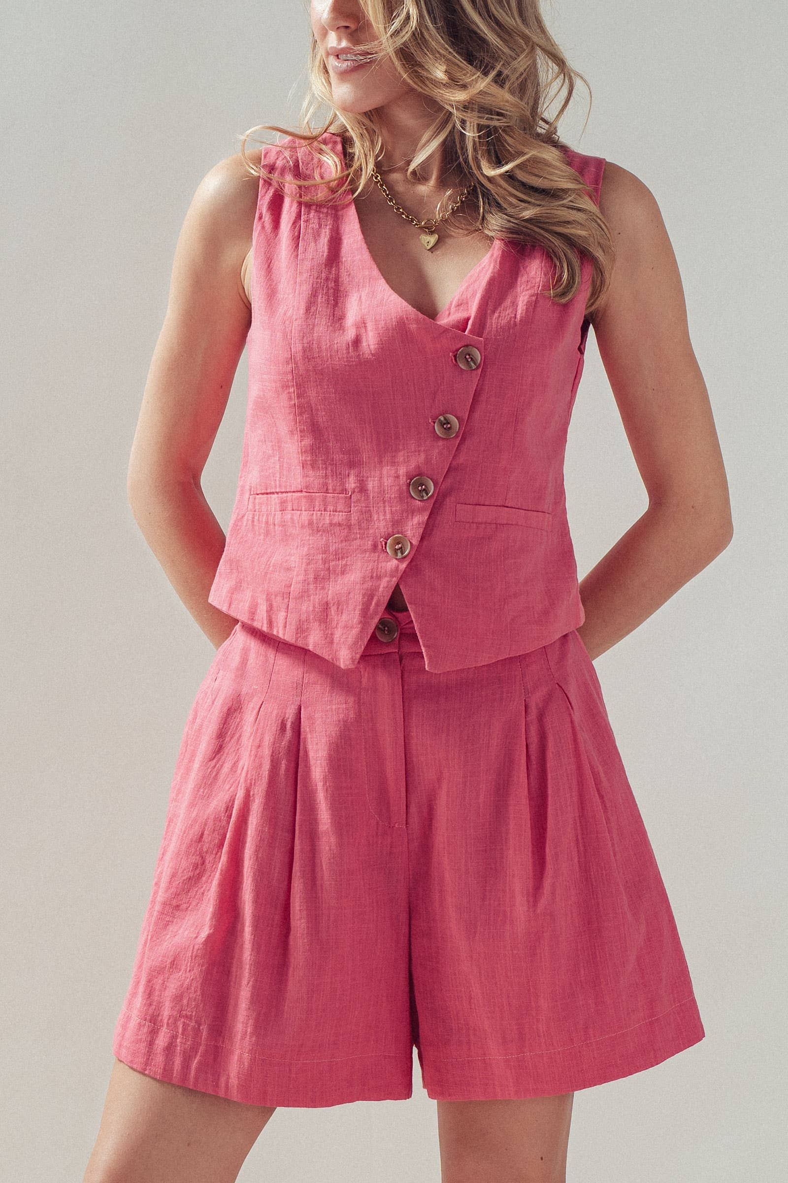 Asymmetrical Button Cotton Vest & Shorts Set