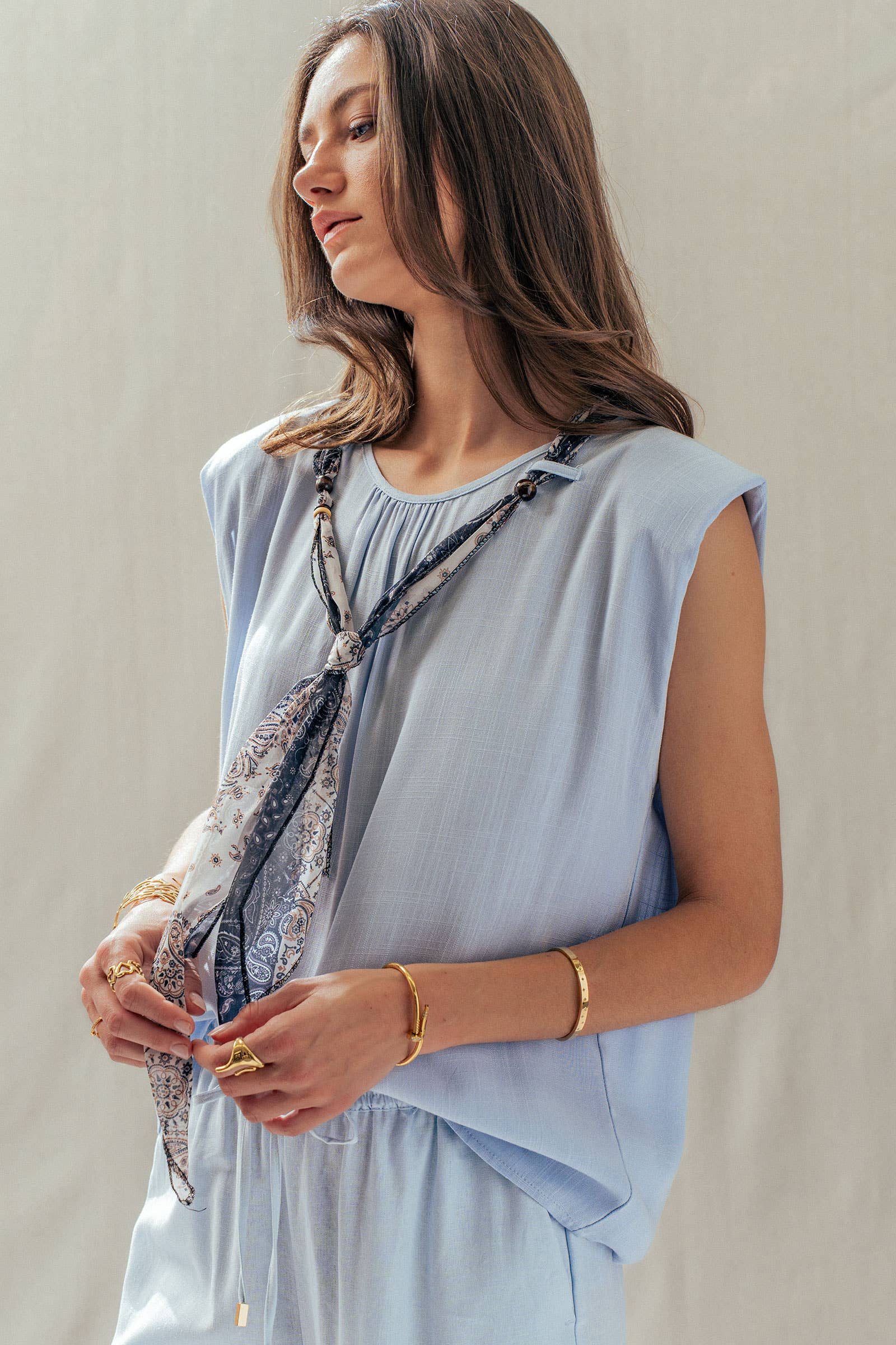 Paisley Scarf Tie Linen Blend Muscle Top