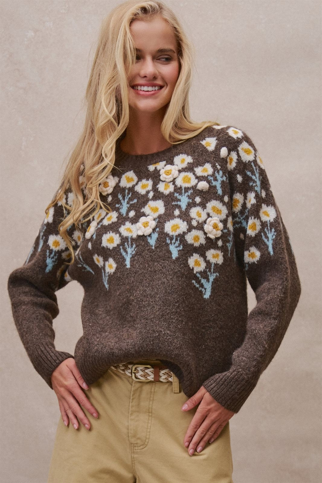 Embossed Floral Knit Sweater in BROWN - Women's Sweaters | Urban Daizy