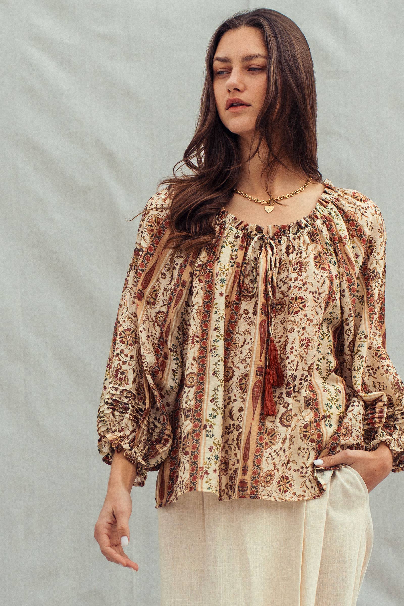 Urban Daizy Boho Off-Shoulder Floral Stripe Blouse Brown-Multi Blouse - Women's (UDZ-TP-01030) – alternate view 9