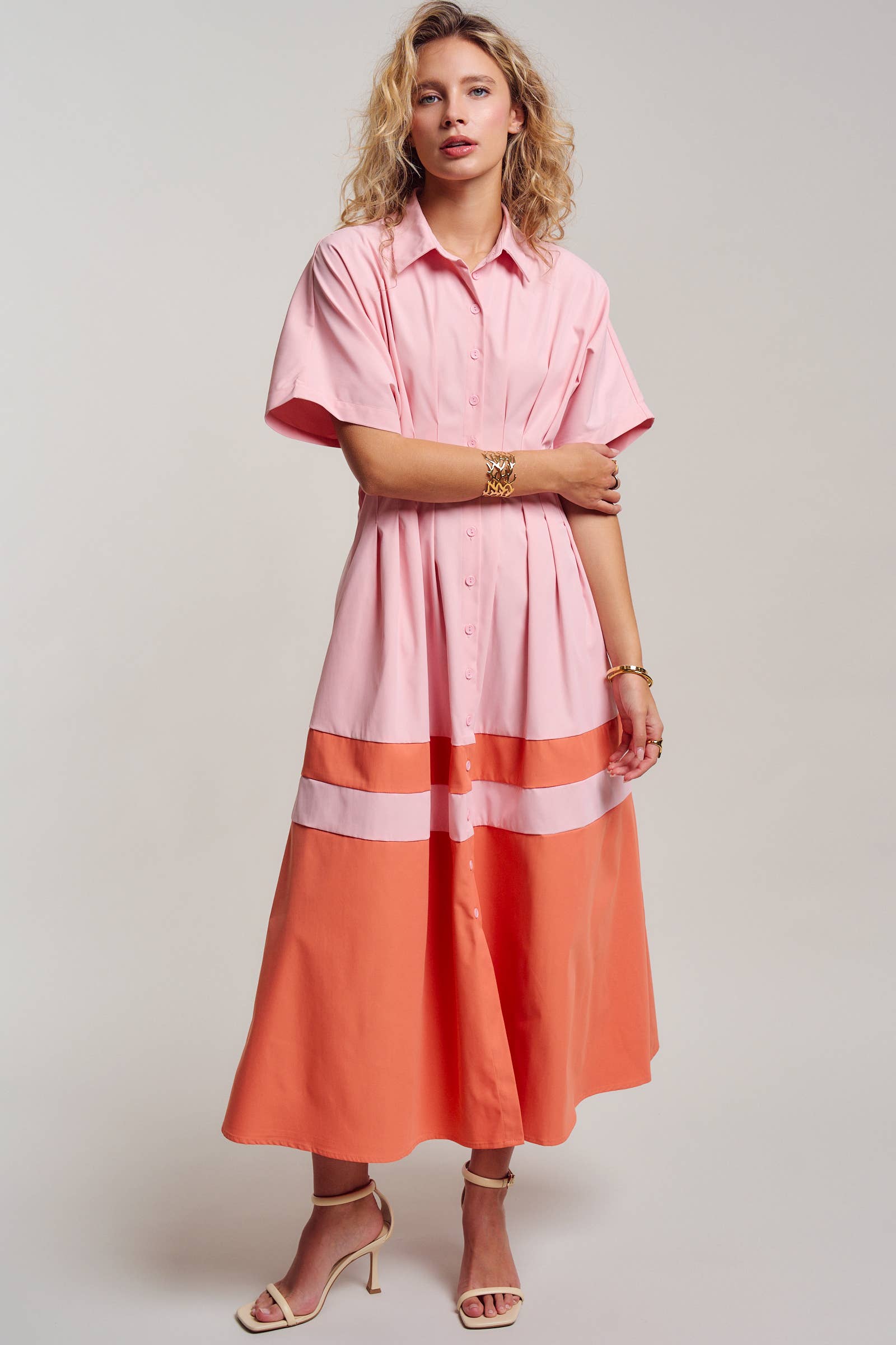 Colorblock Button-Up Cotton Midi Dress