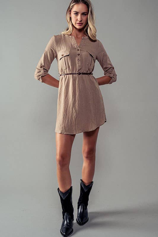 Utility Pocket Belted Henley Mini Dress