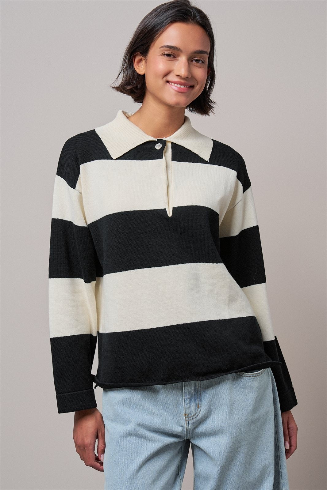Striped Knit Rugby Polo Sweater in IVORY BLACK - Women's Sweaters | Urban Daizy