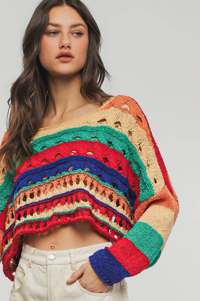 Urban Daizy Colorblock Crochet Knit Cropped Tie Back Sweater Muliti Knit Sweater - Women's (UDZ-KN-00357) – alternate view 10