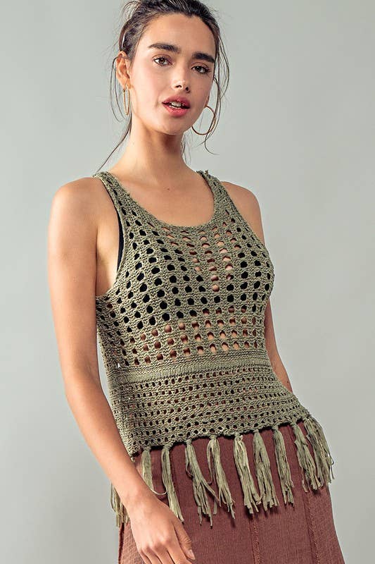 Urban Daizy Crochet Knit Boho Tassel Hem Summer Cover Top Khaki Knit Top - Women's (UDZ-TP-00504) – alternate view 6