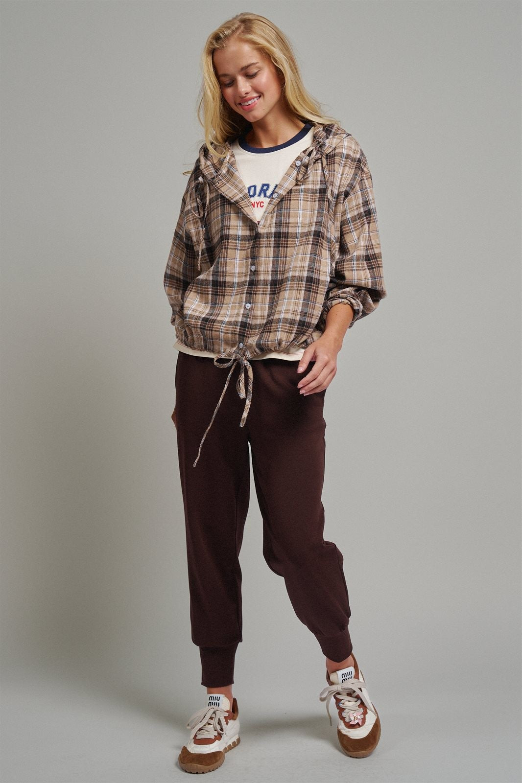 Plaid Flannel Hooded Shirt Jacket with Drawstring Hem in KHAKI - Women's Shirts & Blouses | Urban Daizy