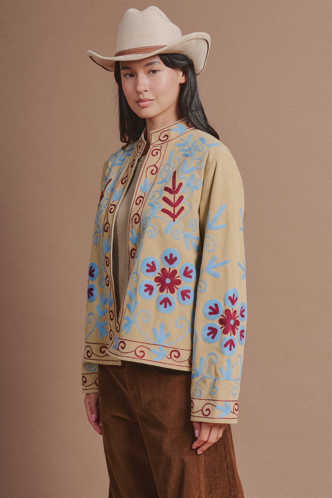 Embroidered Corduroy Jacket with Folk Floral Scroll in KHAKI - Women's Jackets & Blazers | Urban Daizy