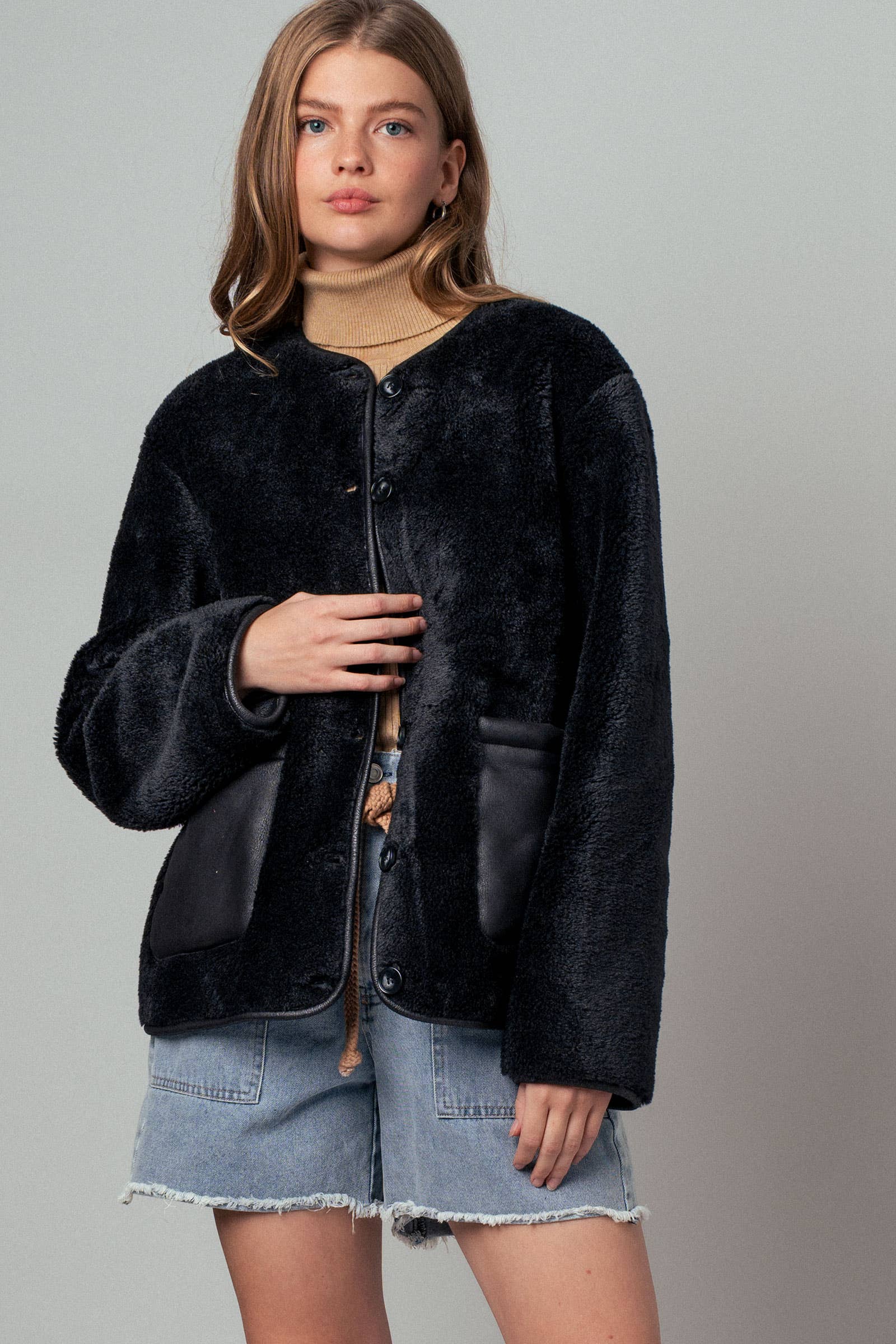 Faux Shearling Jacket with Suede Pockets