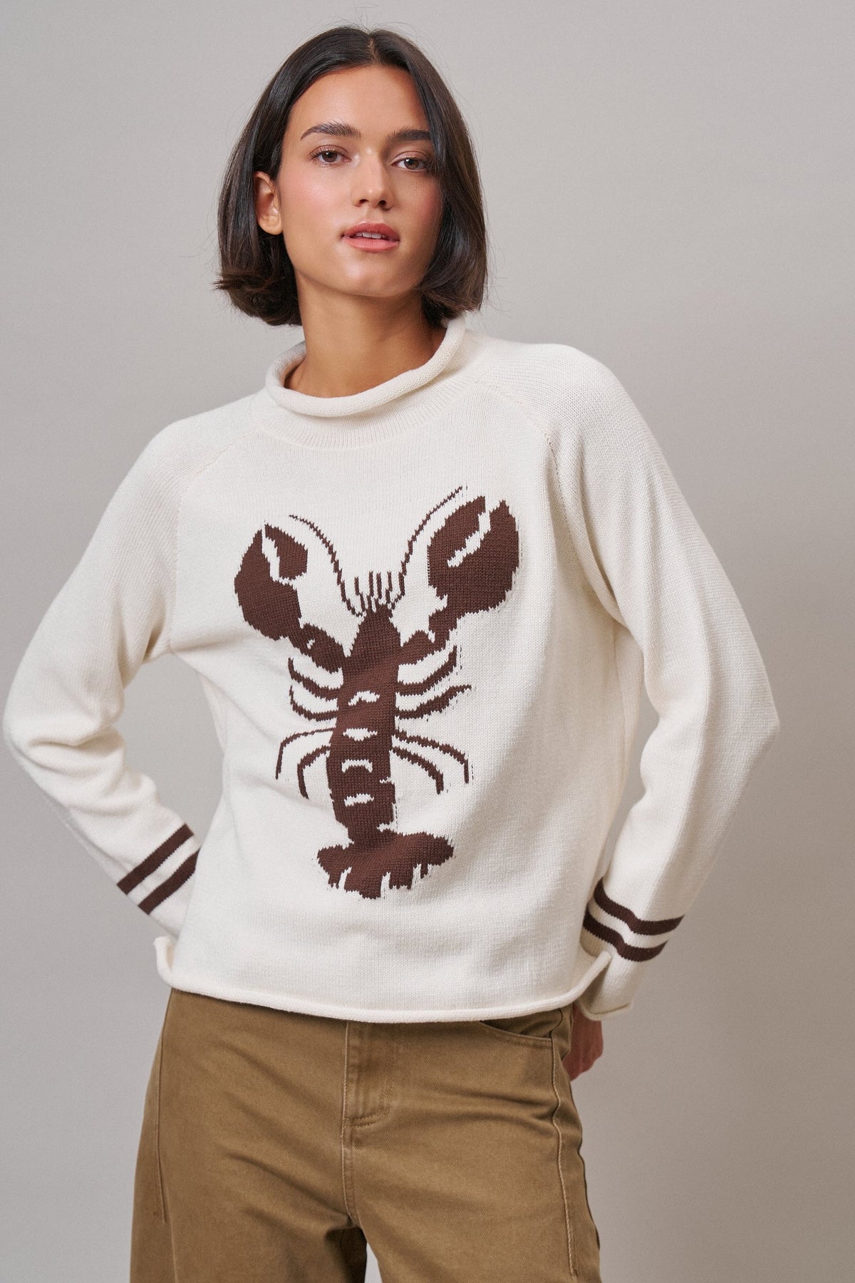 Lobster Intarsia Mock Neck Knit Sweater in IVORY - Women's Sweaters | Urban Daizy