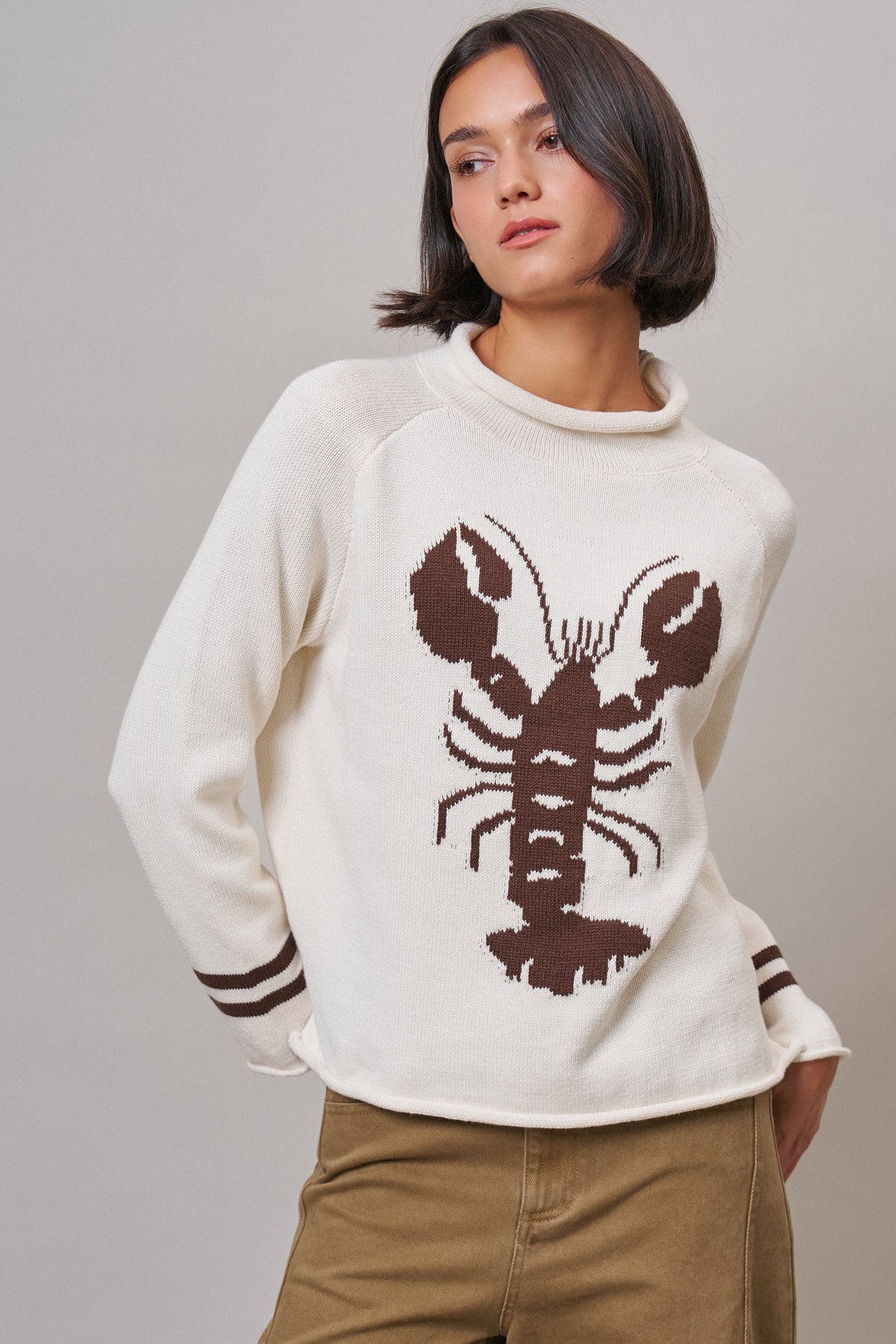 Lobster Intarsia Mock Neck Knit Sweater in IVORY - Women's Sweaters | Urban Daizy