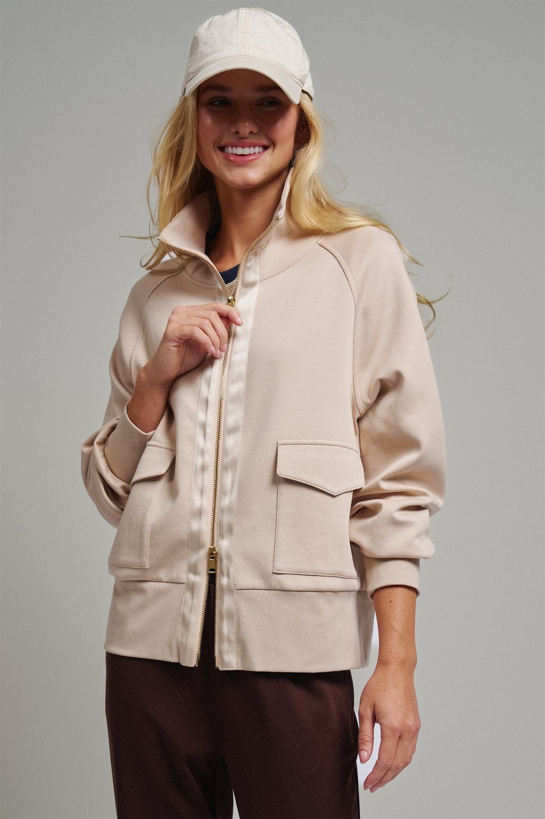 Scuba Zip Up Track Bomber Jacket Pilates Athflow for Women in SAND - Women's Jackets & Blazers | Urban Daizy