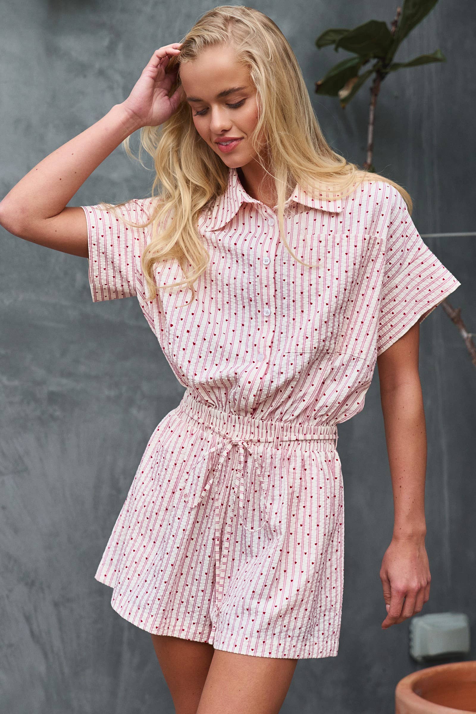 Urban Daizy Heart Stripe Collared Drawstring Romper Ivory-Pink Romper - Women's (UDZ-JR-00070) – alternate view 2
