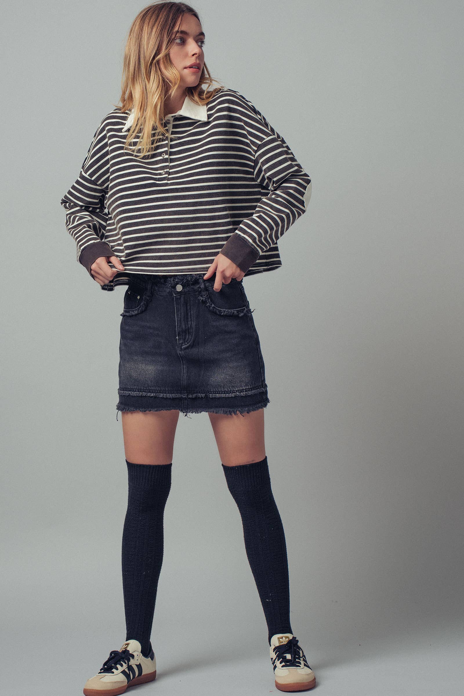 Urban Daizy Playful Cropped Stripe Cotton Top Black-White Polo - Women's (UDZ-PT-00355) – alternate view 7