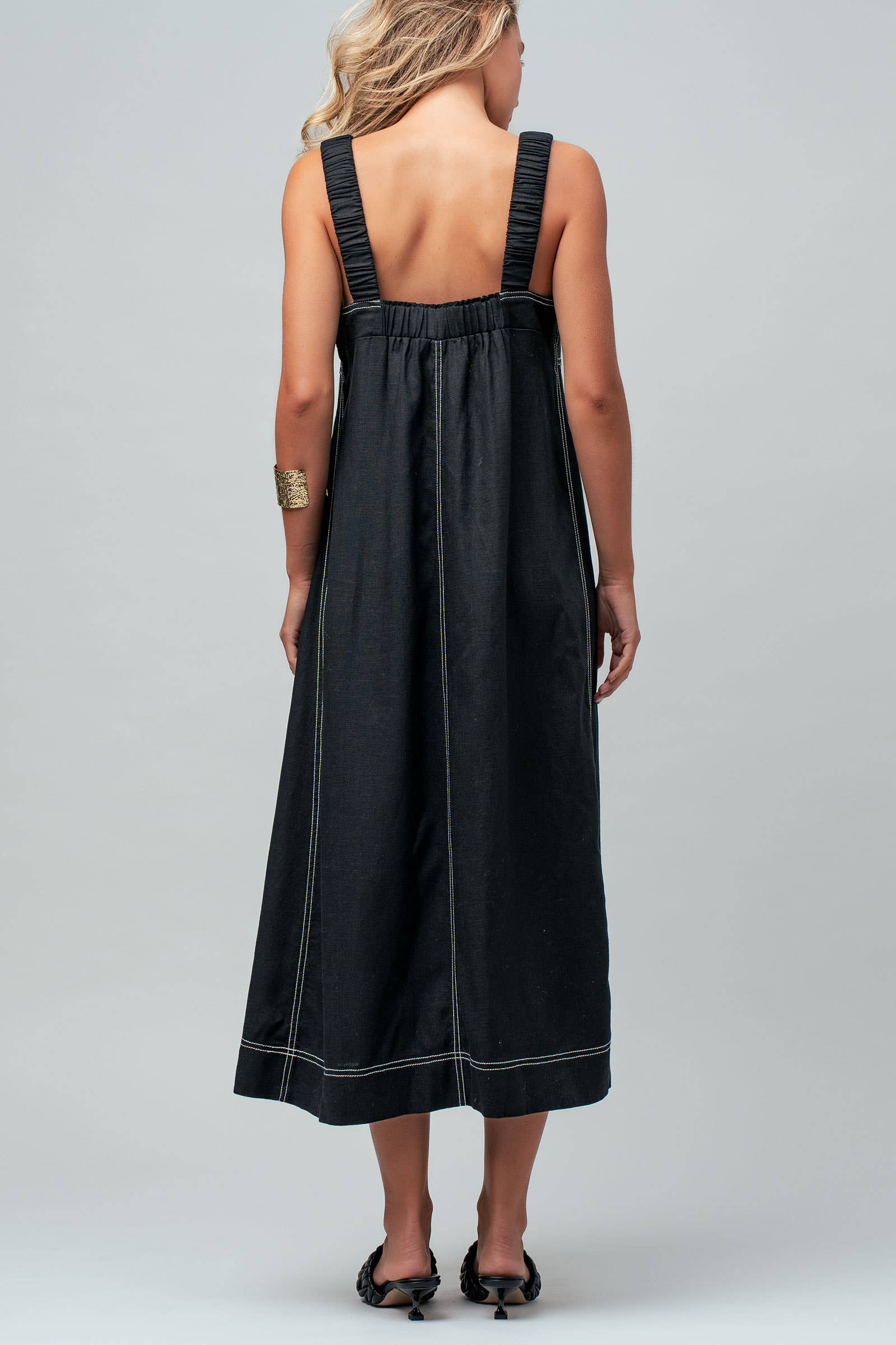 Contrast Stitch Square Neck Tencel Linen Midi Dress