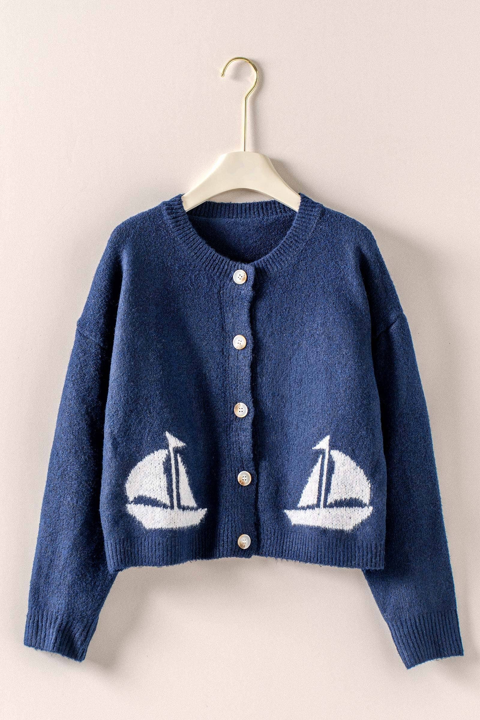 Nautical Sailboat Graphic Knit Button Cardigan