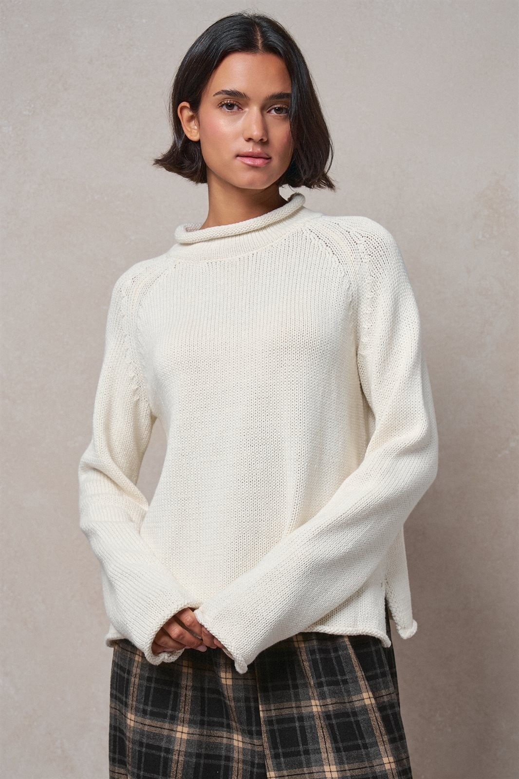 Striped Mock Neck Sweater with Rolled Neckline in IVORY - Women's Sweaters | Urban Daizy