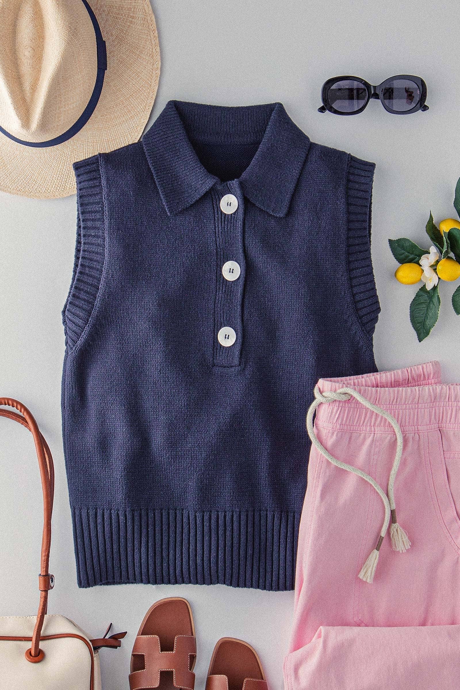 Polished Sleeveless Knit Polo Vest