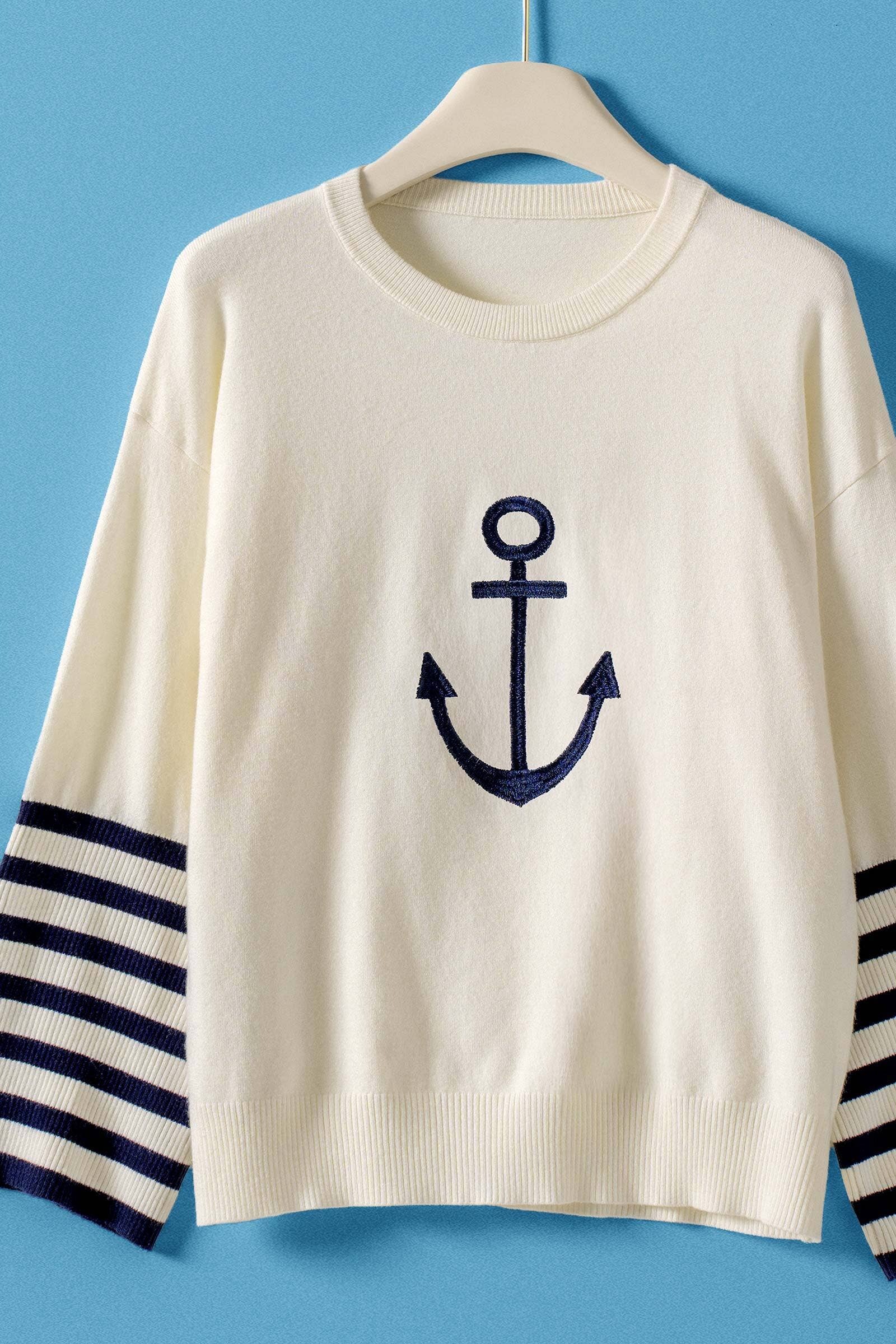 Urban Daizy Nautical Anchor Knit Top Striped Sleeve Ivory Knit Top - Women's (UDZ-TP-01047) – alternate view 3