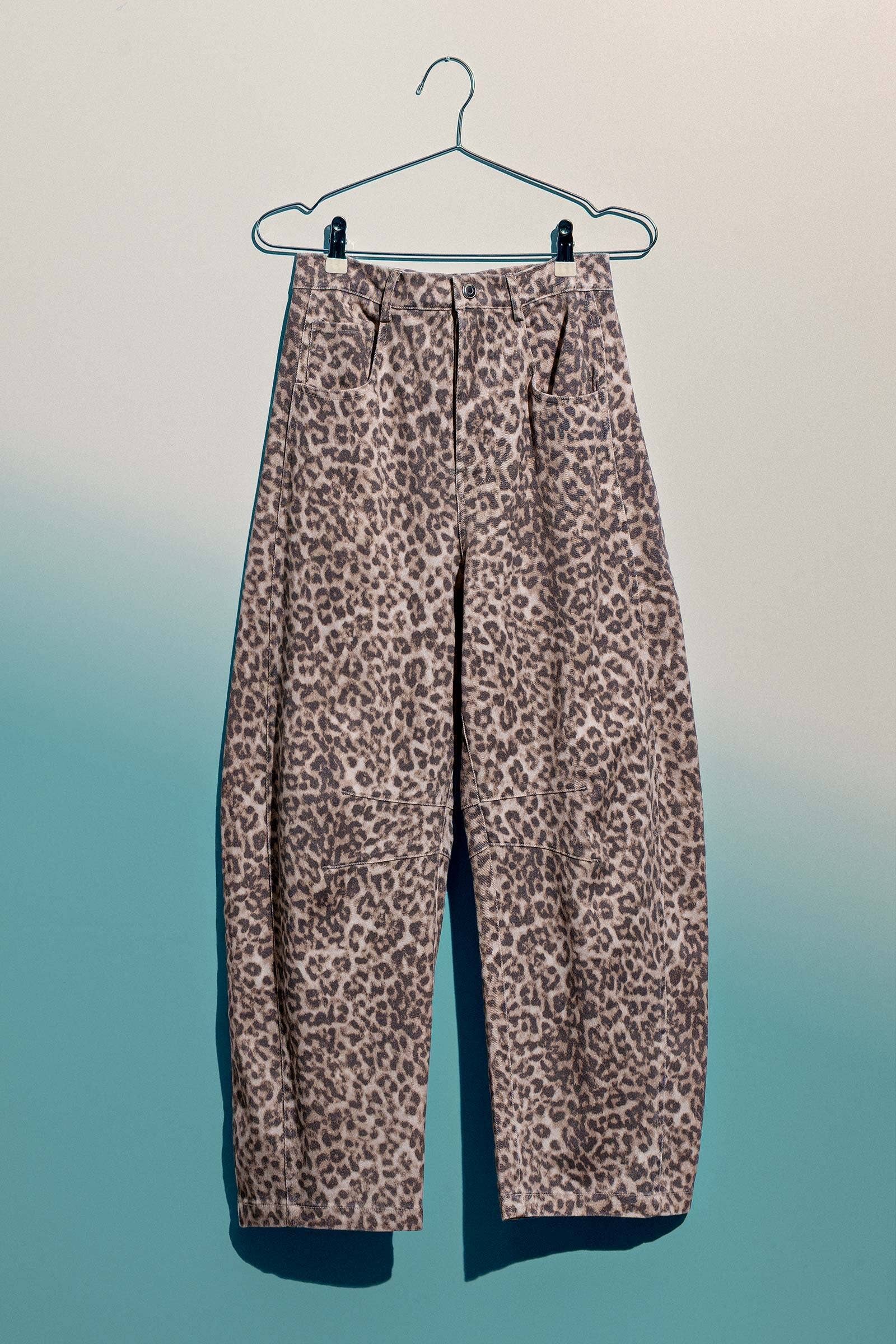Leopard Print Stitch Detail Barrel Jeans