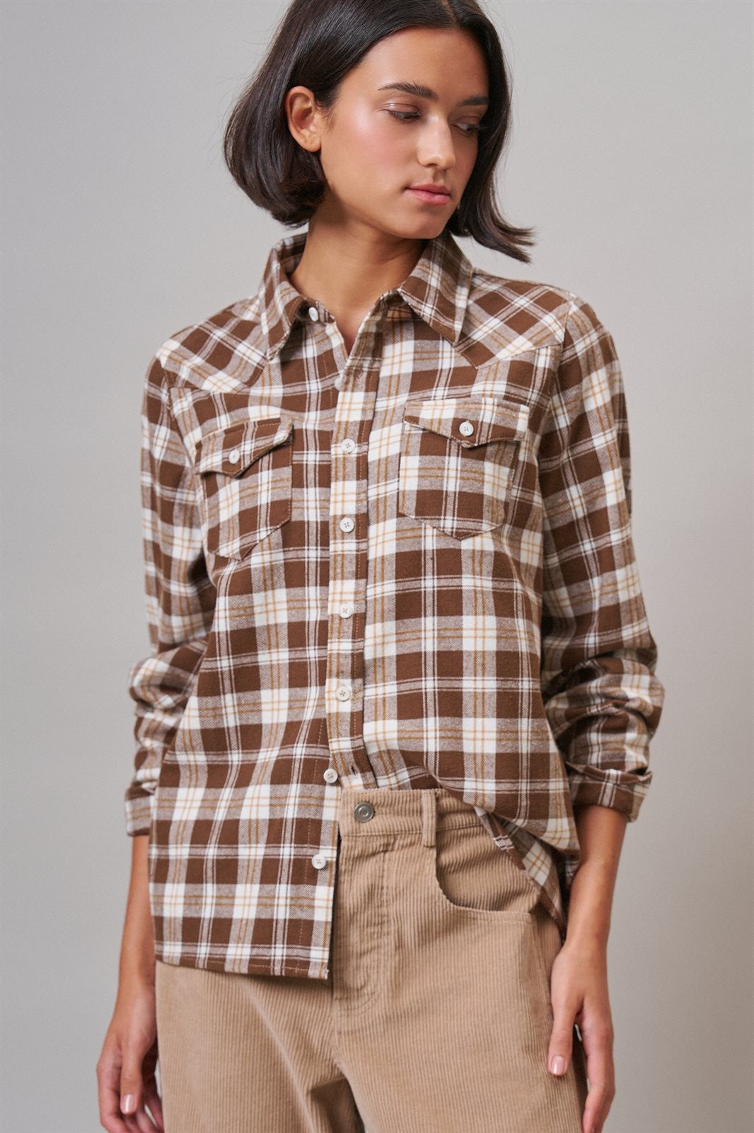 Buffalo Plaid Cropped Flannel Button Down Shirt