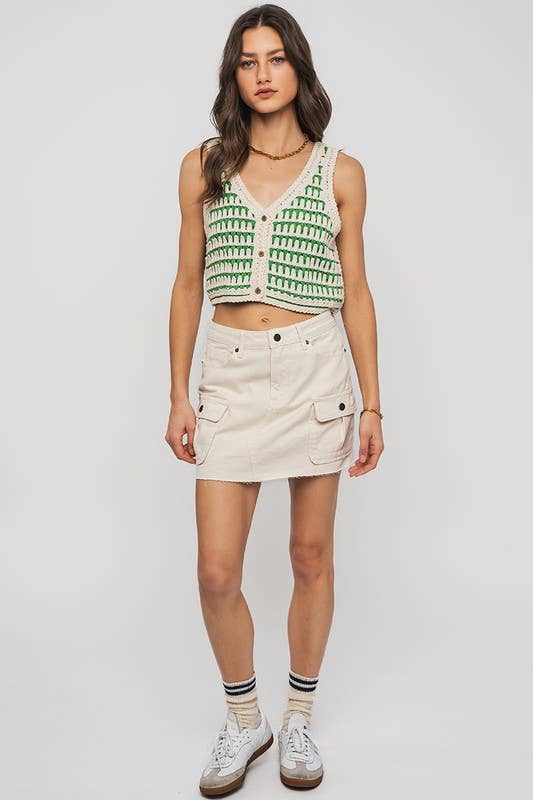 High Rise Raw Hem Utility Pocket Mini Cargo Skirt
