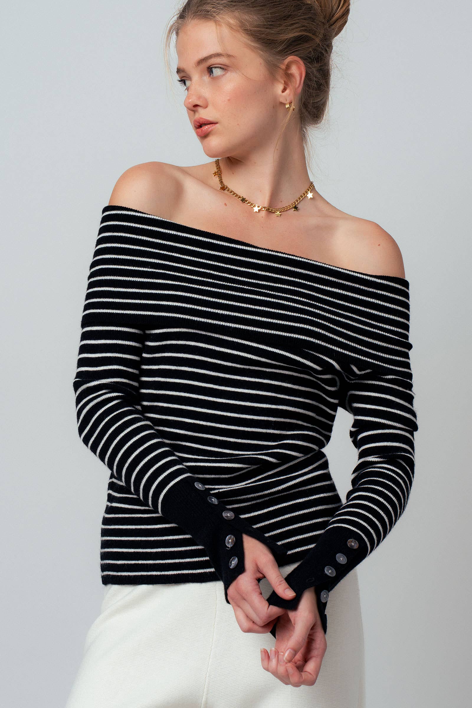Off-Shoulder Striped Knit Top